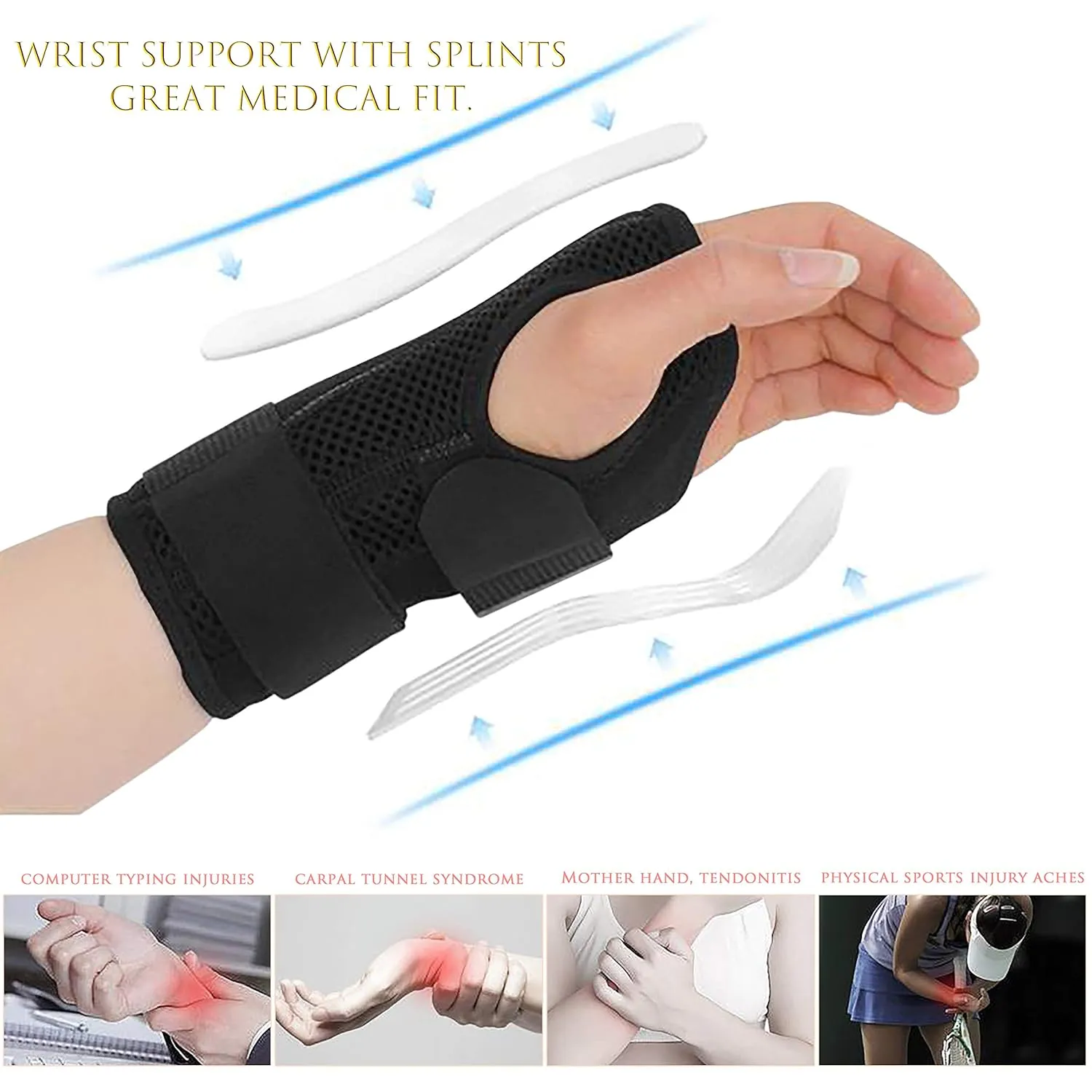 HiRui Wrist Brace Wrist Support with Splints for Men and Women, Hand Support for Carpal Tunnel Arthritis Tendonitis Sprain Recovery Wrist Pain Relief, Day & Night Support (Black-Left Hand, L)