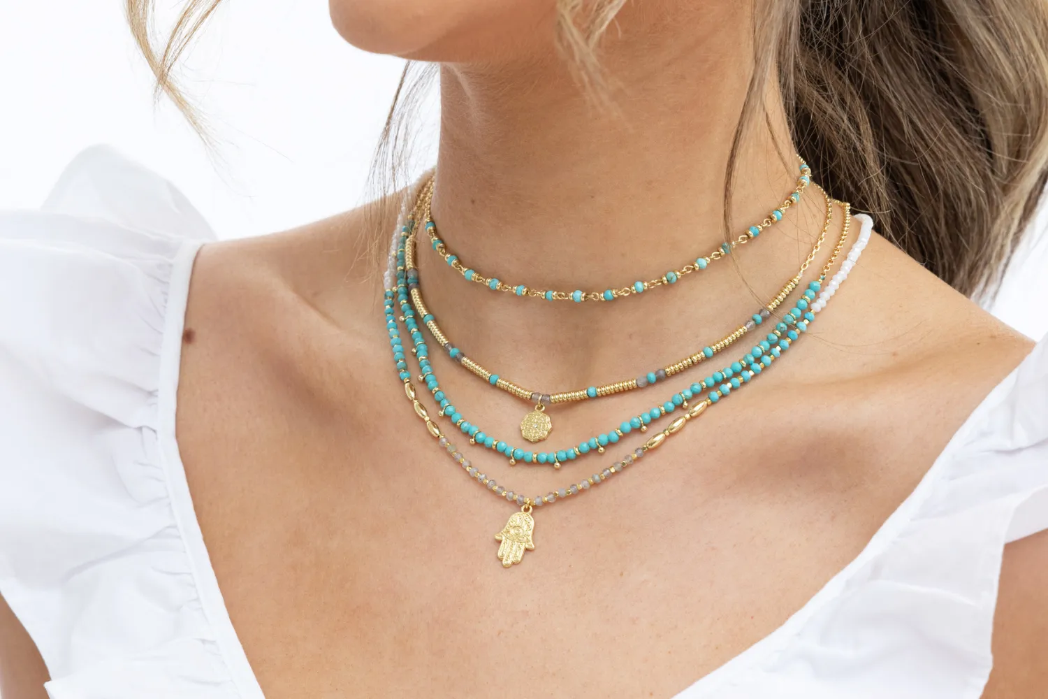Lieu Turquoise Healing Hand Gold Necklace