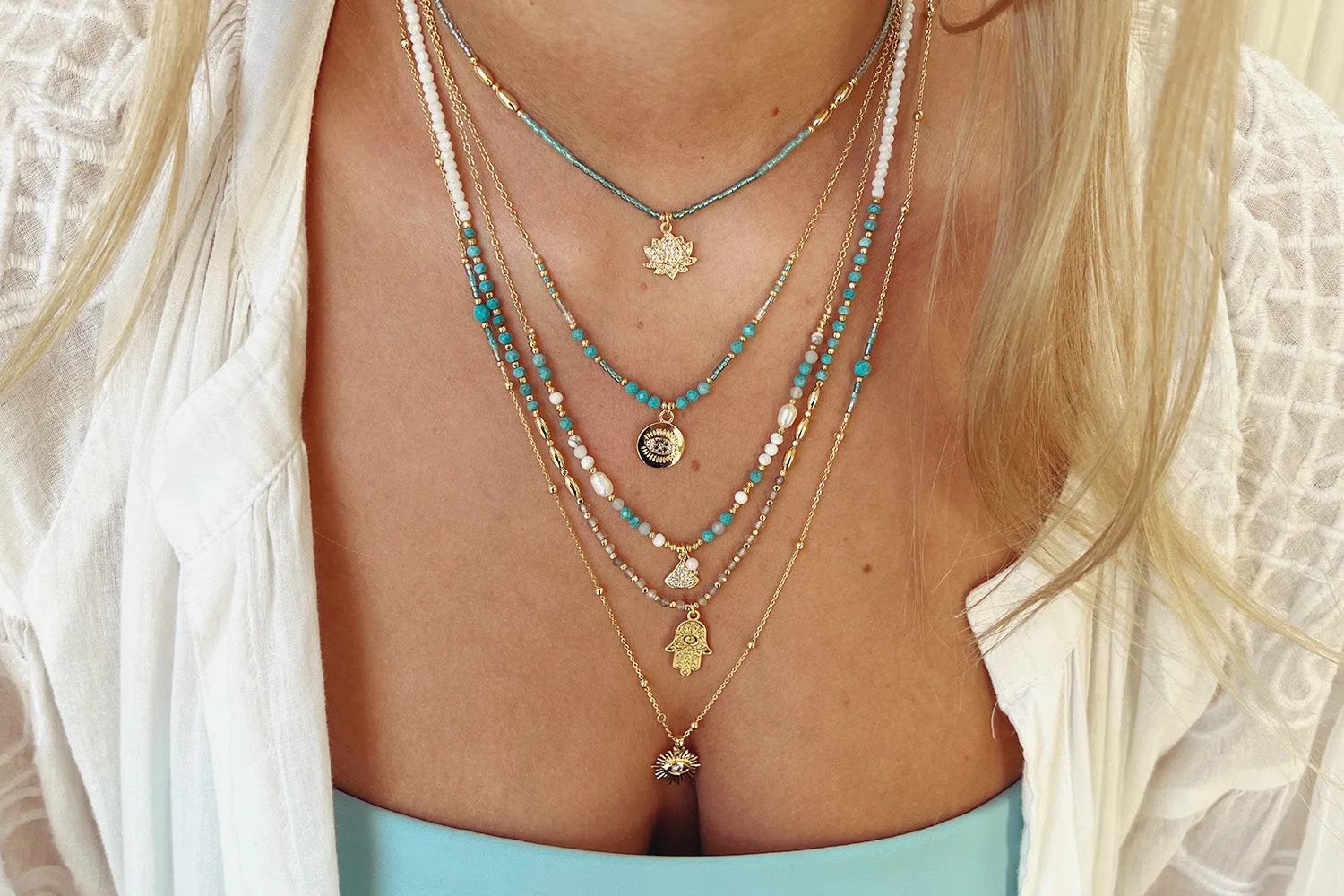 Lieu Turquoise Healing Hand Gold Necklace