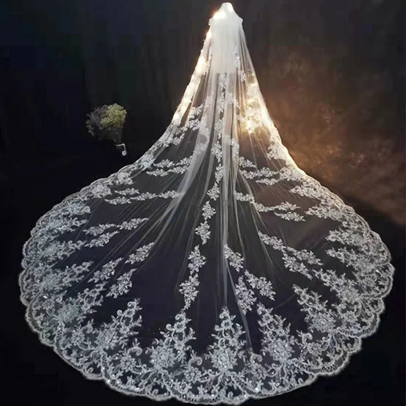 Long Lace Edge Cathedral Bridal Wedding Veil With Comb