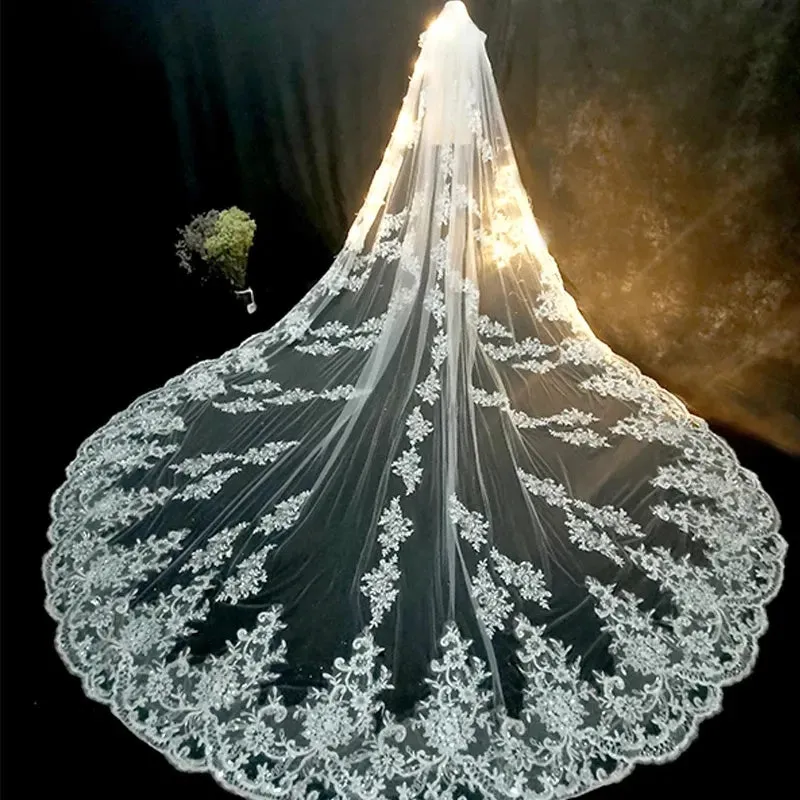 Long Lace Edge Cathedral Bridal Wedding Veil With Comb