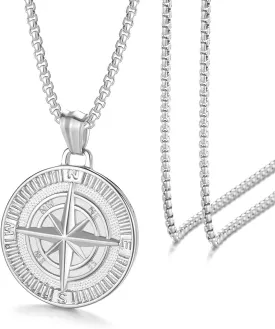 Men's Compass Pendant Necklace, Stainless Steel Compass Circle Vintage Coin Necklace Navigator Forged for Male Talisman Travel Jewelry