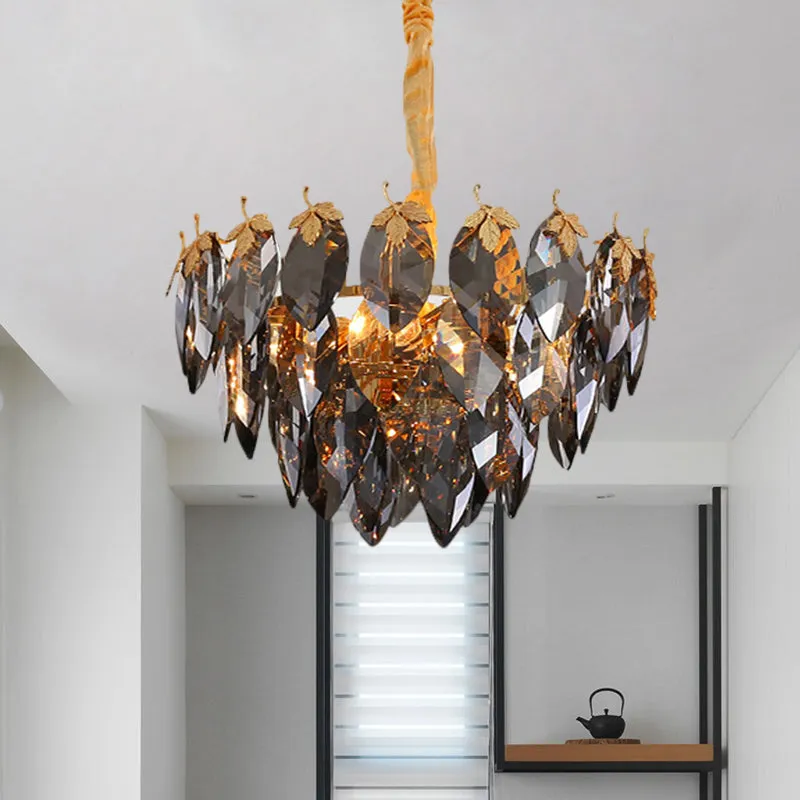 Modern Gold Crystal Leaf Suspension 4-Head Chandelier Lamp for Coffee Shop