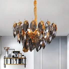 Modern Gold Crystal Leaf Suspension 4-Head Chandelier Lamp for Coffee Shop