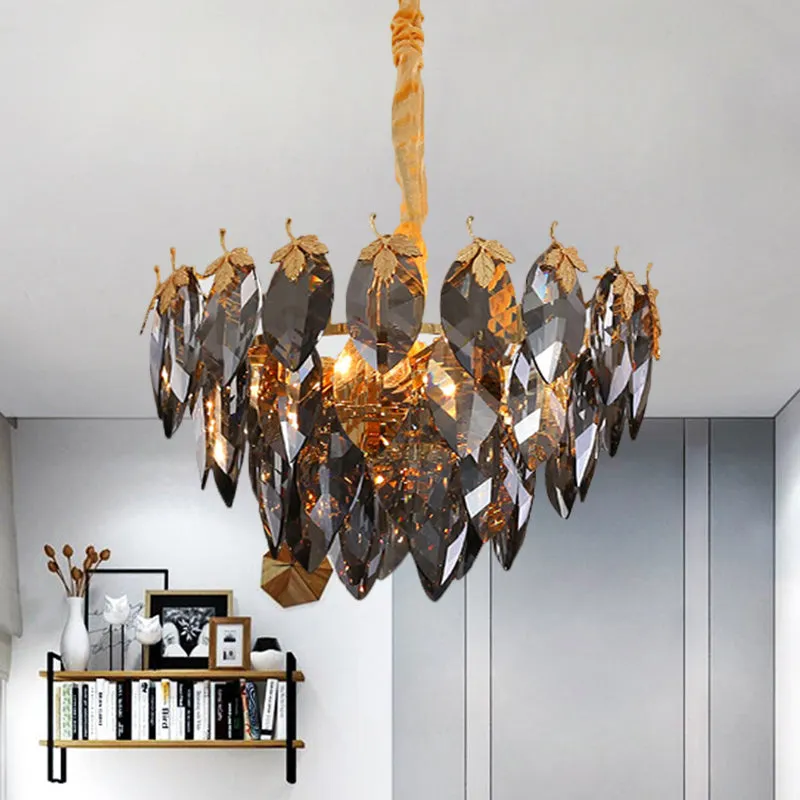 Modern Gold Crystal Leaf Suspension 4-Head Chandelier Lamp for Coffee Shop