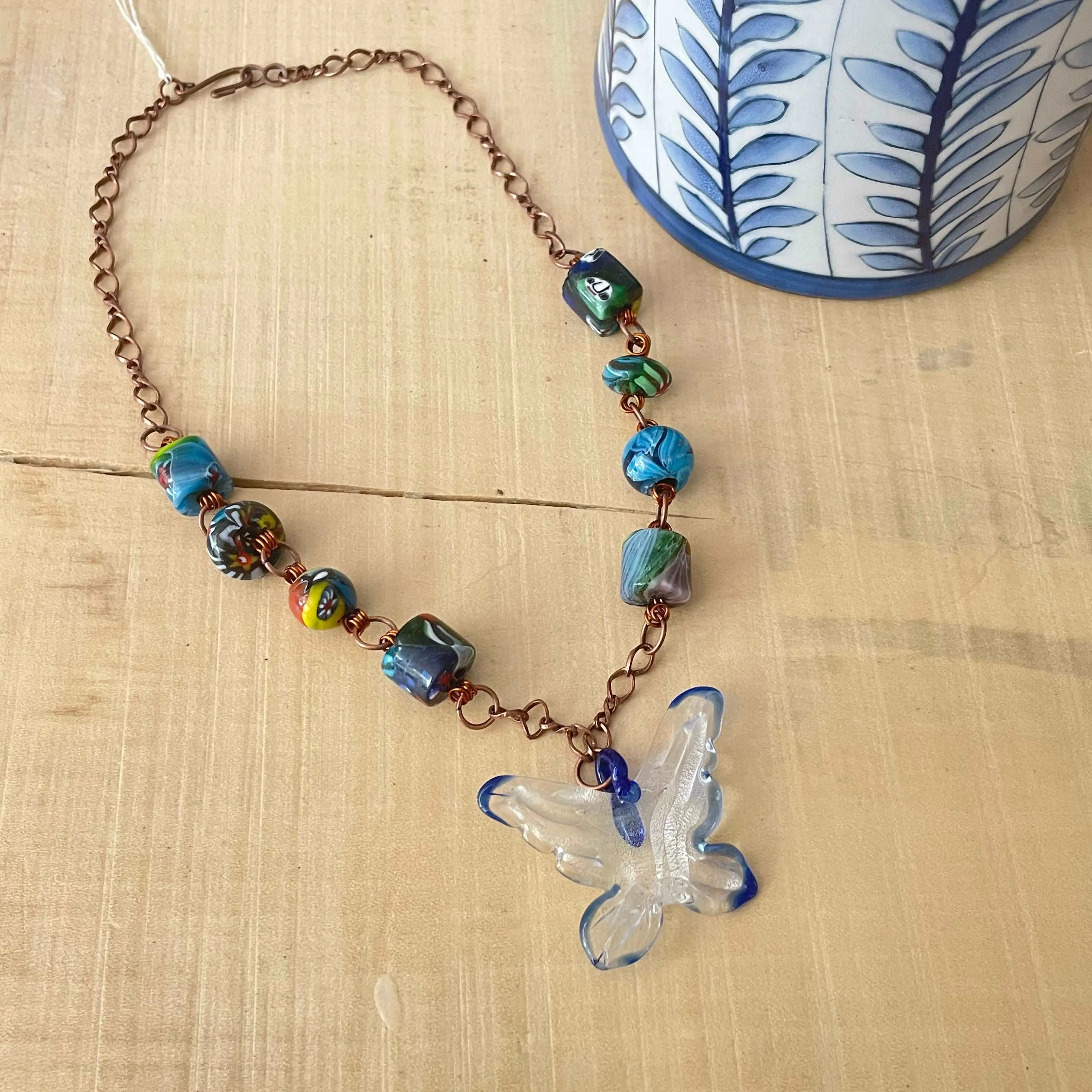 Molded Glass Butterfly & Millefiori Glass Chunky Bead Pendant Statement Necklace Copper Spring Summer Boho