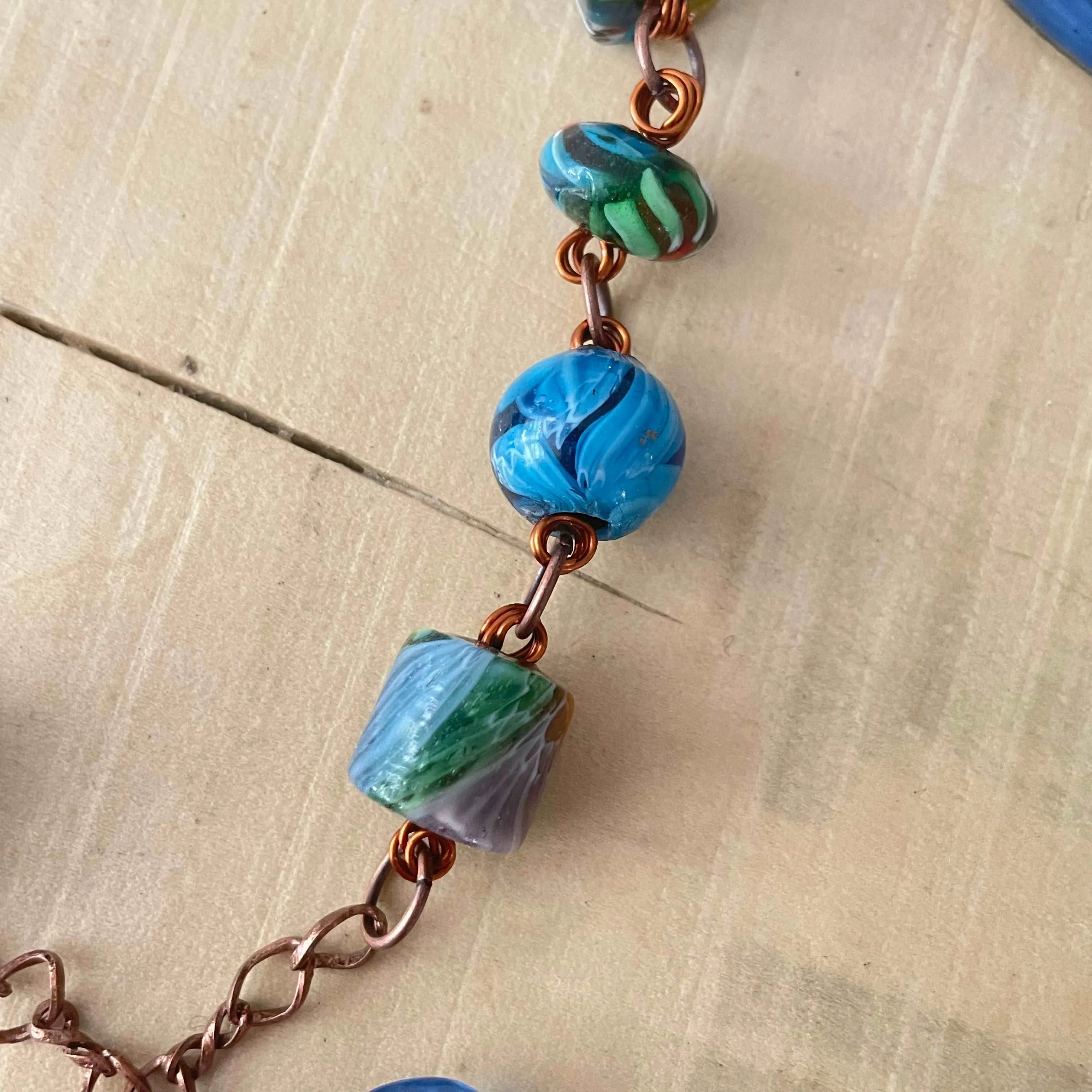 Molded Glass Butterfly & Millefiori Glass Chunky Bead Pendant Statement Necklace Copper Spring Summer Boho