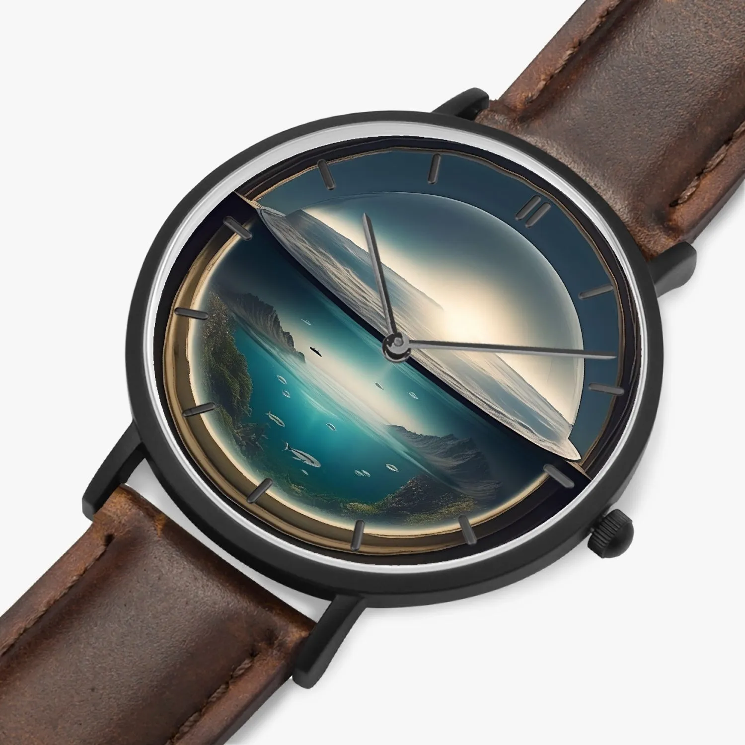 Montre à quartz avec bracelet en cuir ultra-fin  (noir avec indicateurs) "Déluge en bocal" (163)