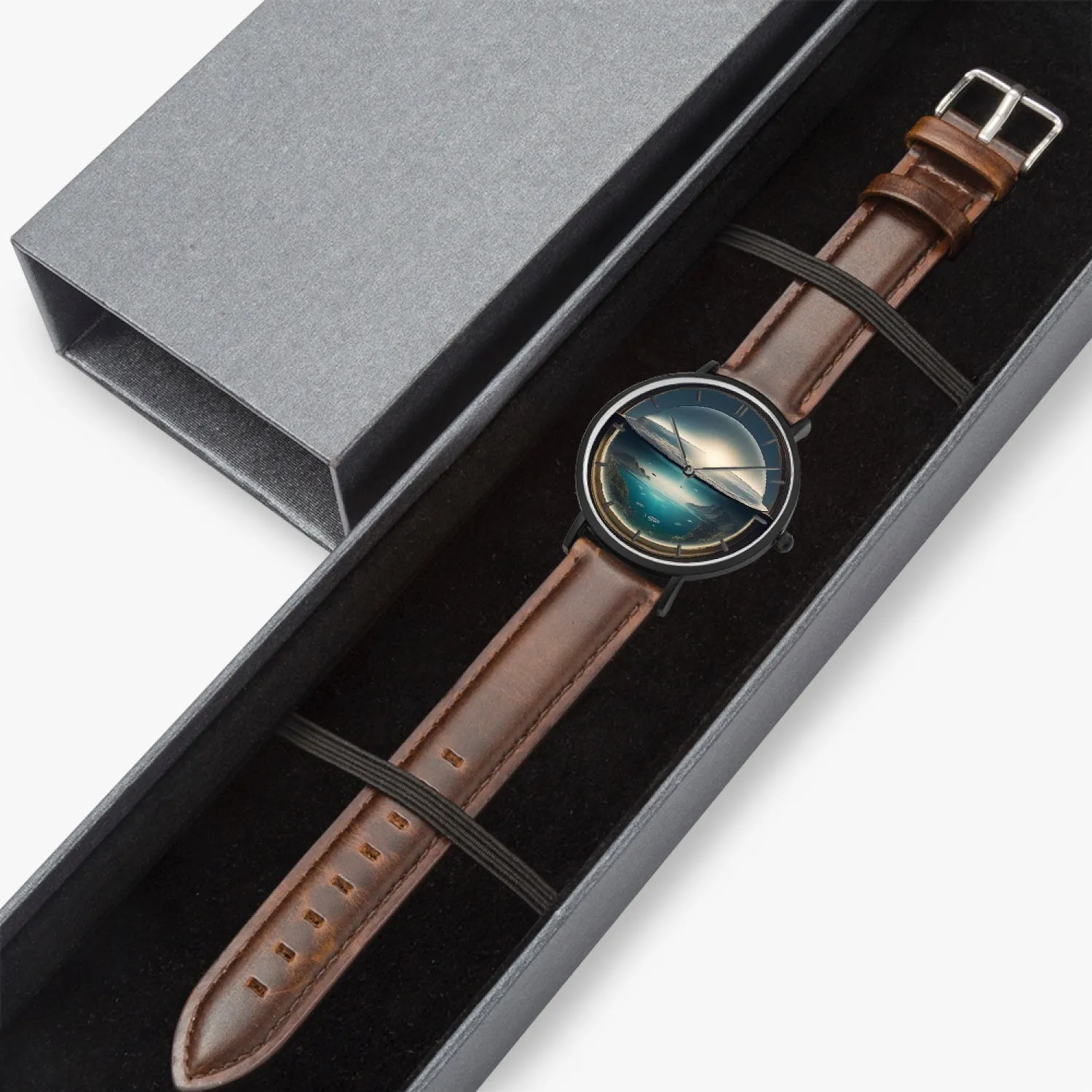 Montre à quartz avec bracelet en cuir ultra-fin  (noir avec indicateurs) "Déluge en bocal" (163)
