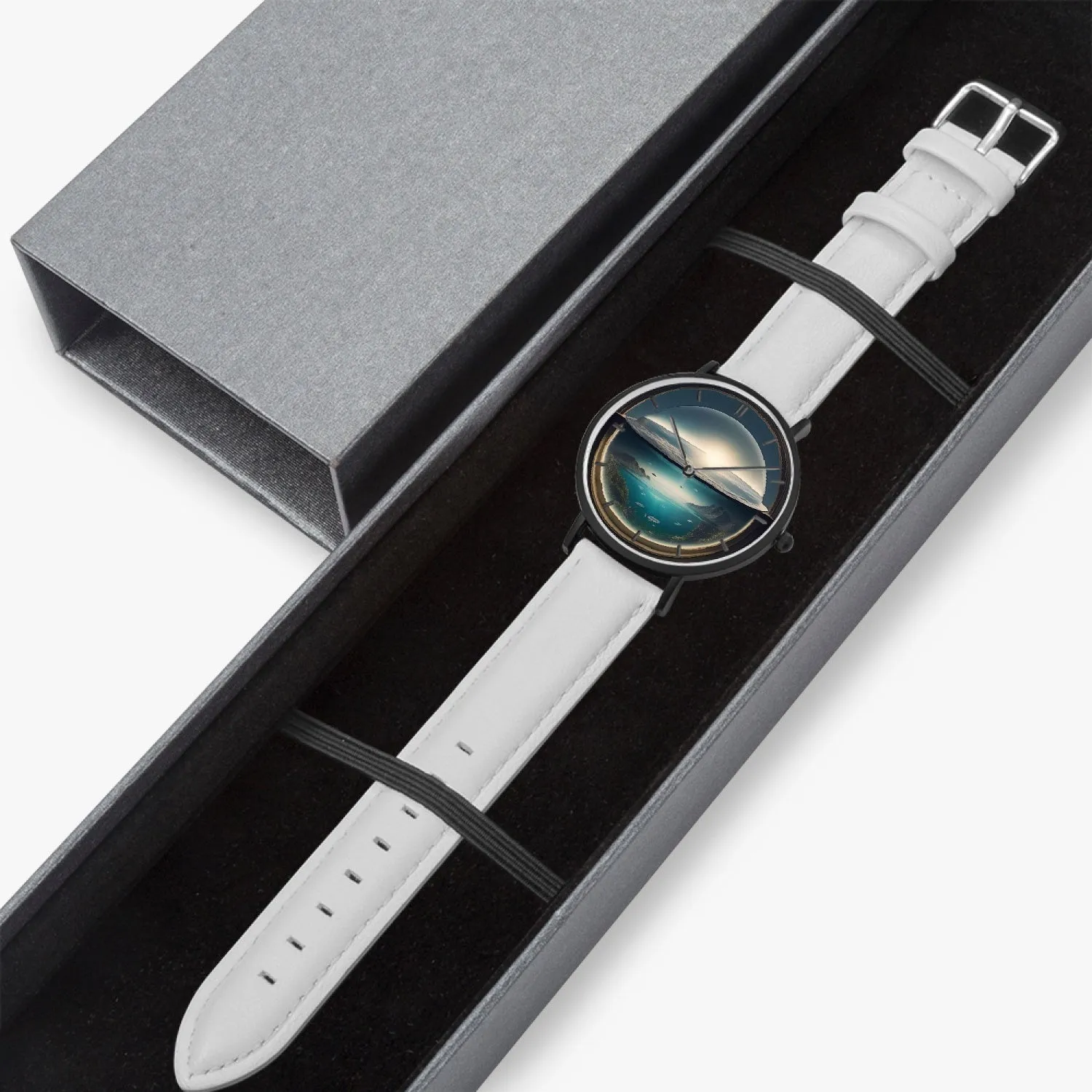 Montre à quartz avec bracelet en cuir ultra-fin  (noir avec indicateurs) "Déluge en bocal" (163)