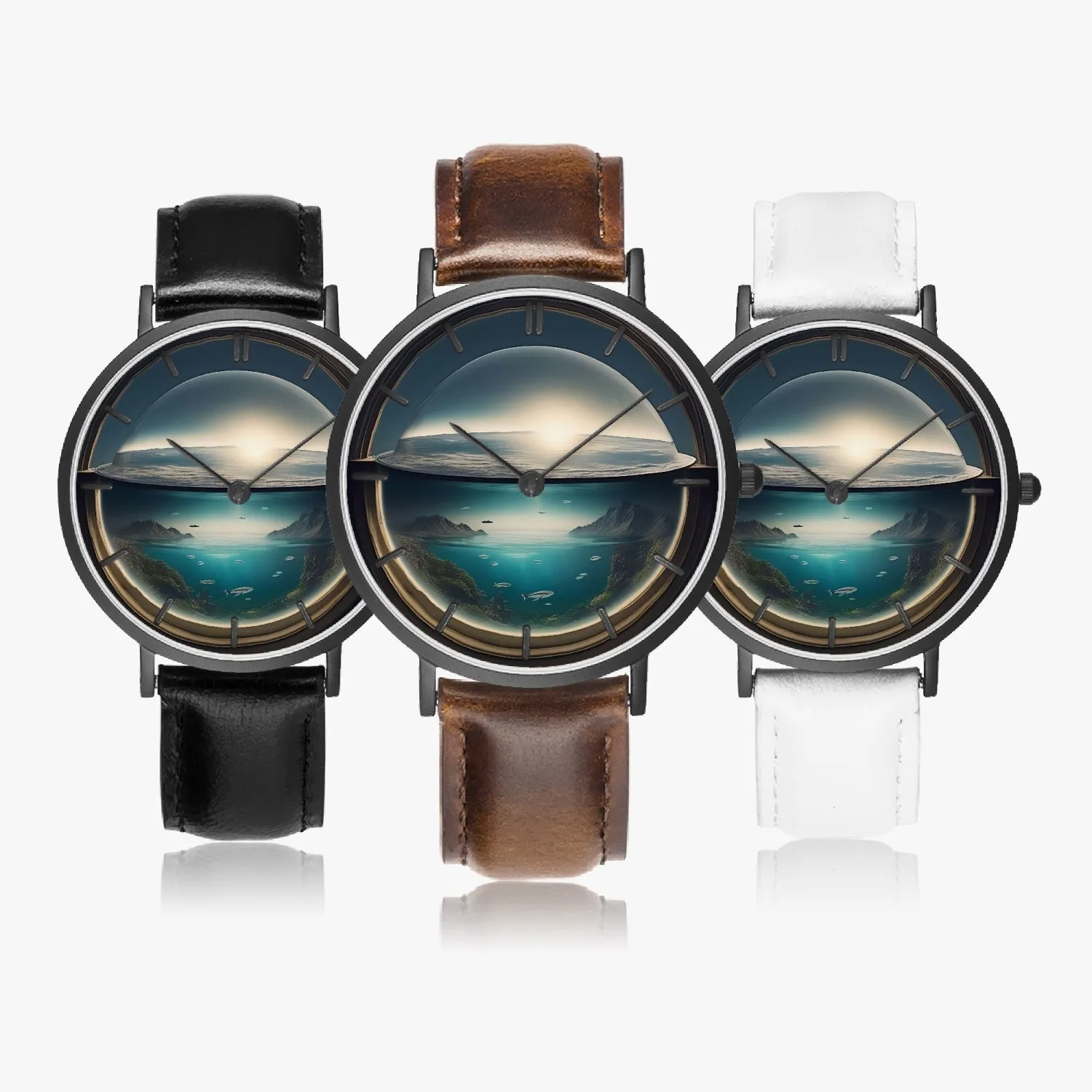 Montre à quartz avec bracelet en cuir ultra-fin  (noir avec indicateurs) "Déluge en bocal" (163)