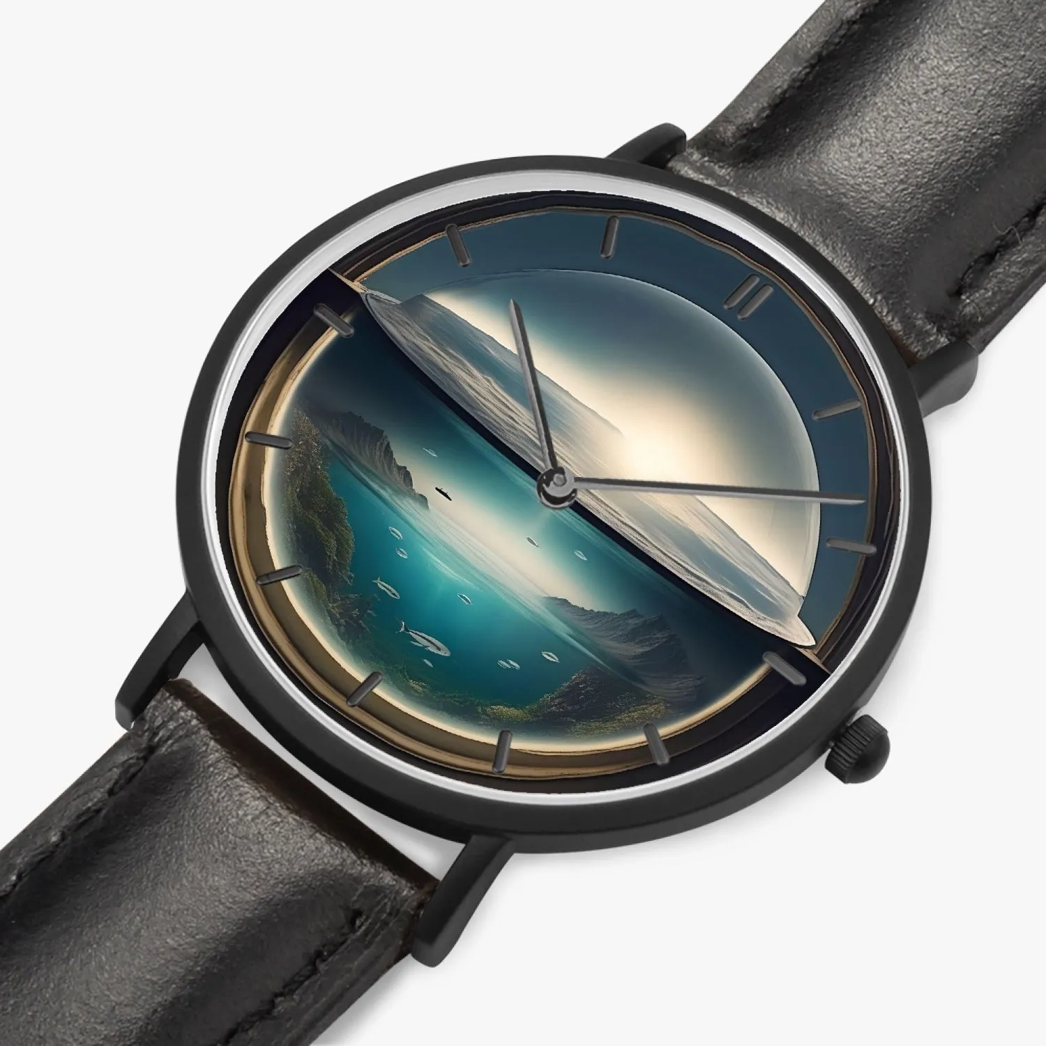 Montre à quartz avec bracelet en cuir ultra-fin  (noir avec indicateurs) "Déluge en bocal" (163)