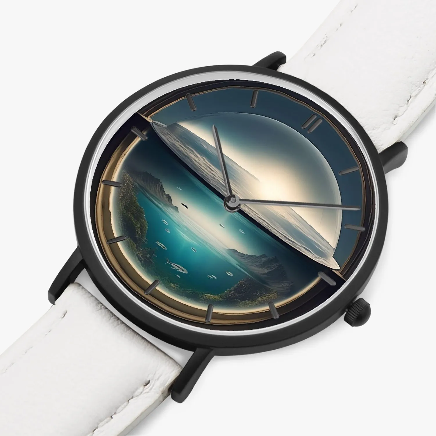 Montre à quartz avec bracelet en cuir ultra-fin  (noir avec indicateurs) "Déluge en bocal" (163)