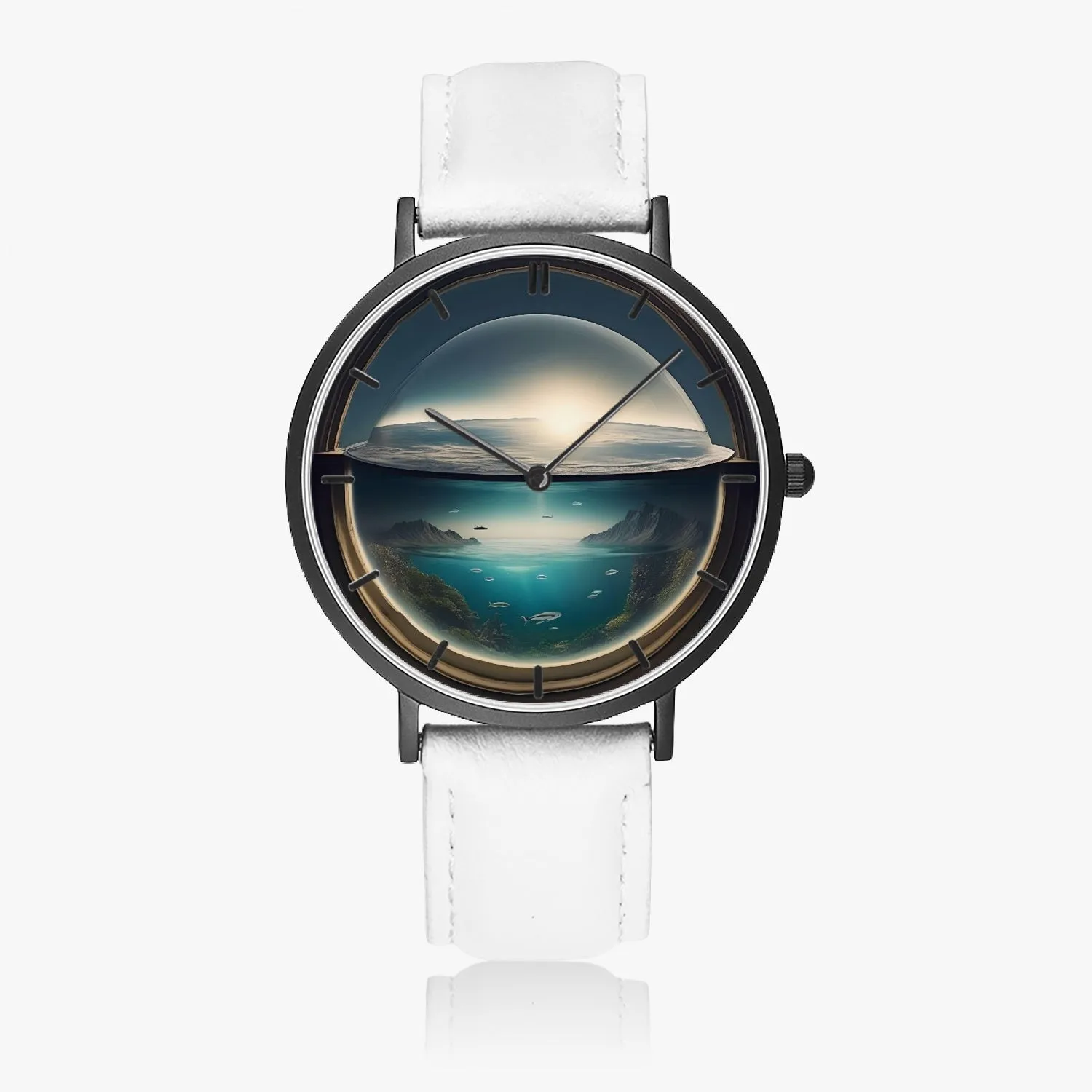 Montre à quartz avec bracelet en cuir ultra-fin  (noir avec indicateurs) "Déluge en bocal" (163)