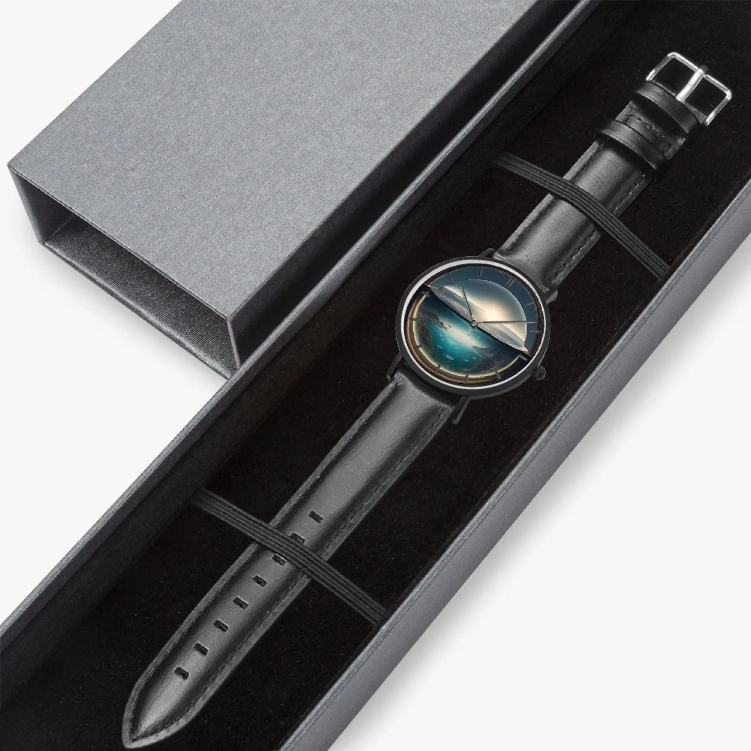 Montre à quartz avec bracelet en cuir ultra-fin  (noir avec indicateurs) "Déluge en bocal" (163)