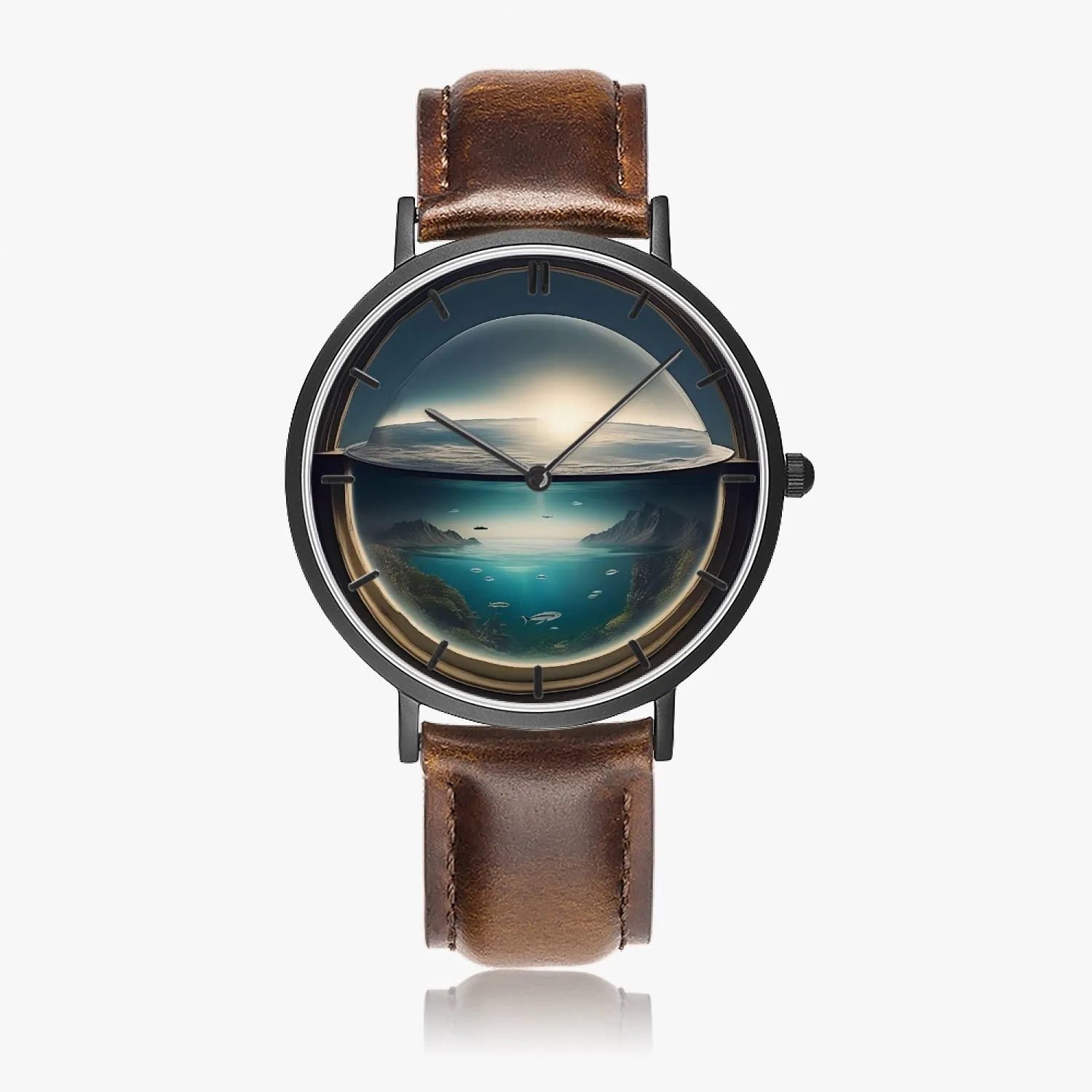 Montre à quartz avec bracelet en cuir ultra-fin  (noir avec indicateurs) "Déluge en bocal" (163)