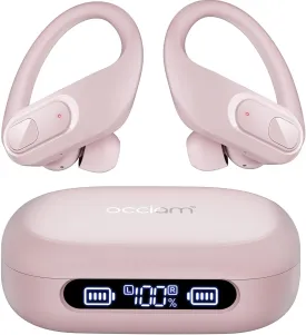 occiam Wireless Earbuds Bluetooth Headphones 96Hrs Playback Sport Ear Buds with Earhooks Microphone in-Ear Earphones Stereo Sound for Laptop Pad Phones Workout Running Exercise Gym (Pink, M)