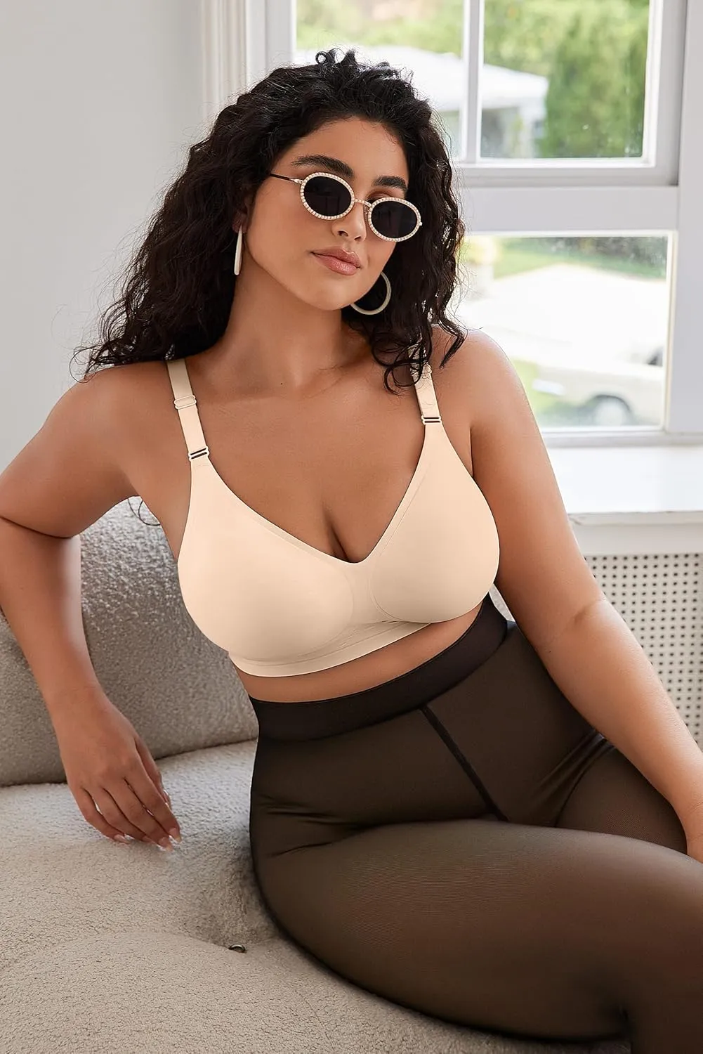 OEAK Womens Seamless Bras Comfortable Bra No Underwire Full Support Bralette Push Up Plus Size V Neck Sleeping Tshirt Bras