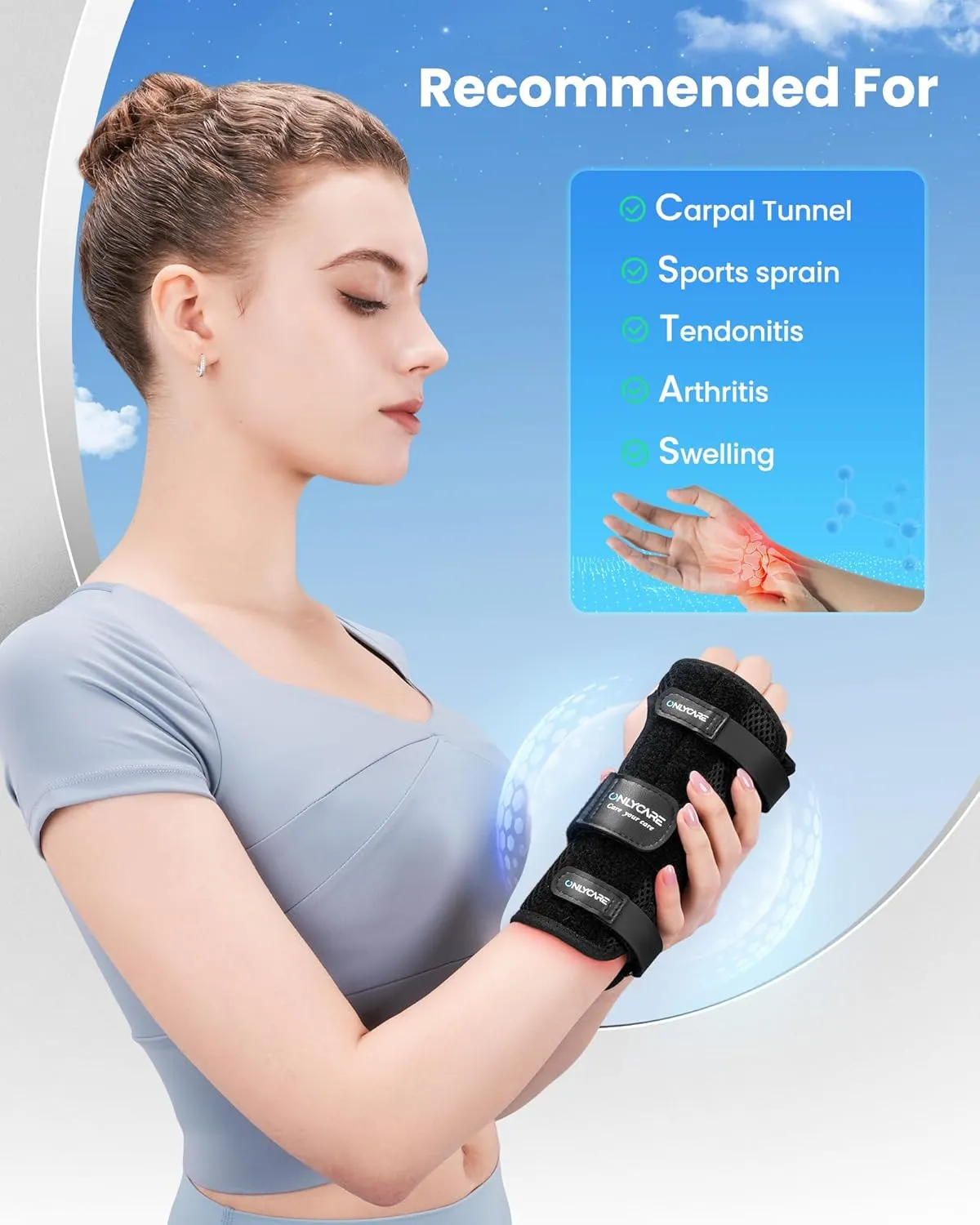 ONLYCARE Carpal Tunnel Wrist Brace with Splint for Right Hand, Adjustable Wrist Guard Night Support,Metal Splint Stabilizer, Hand Brace for Sprain, Arthritis, Tendonitis(Medium)