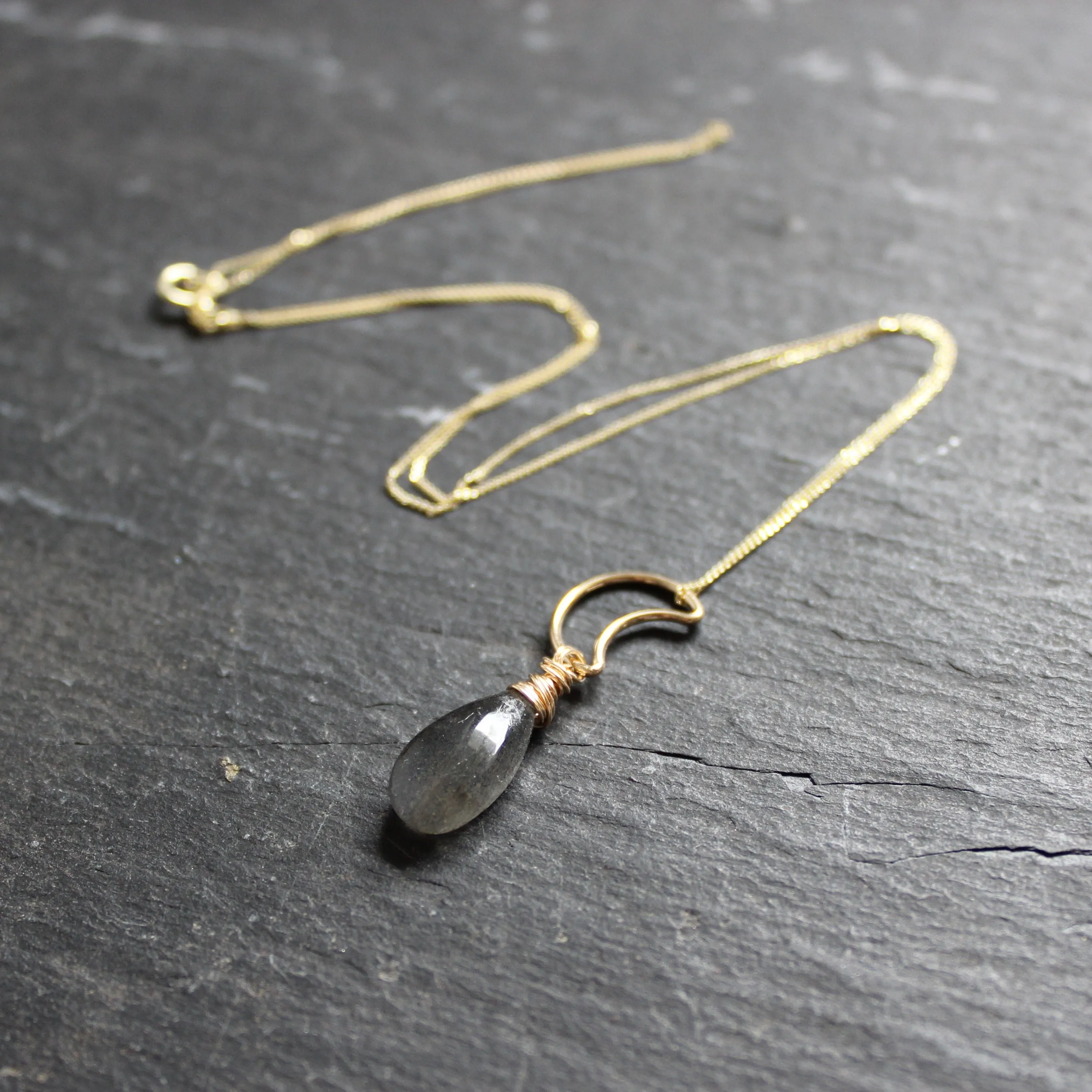 Petite Gilded Moon Necklace with Labradorite 9ct