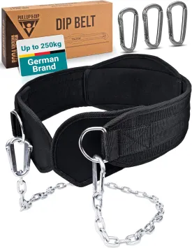 PULLUP & DIP Weightlifting Belt for and additional Strength and Muscle Building, Weight Belt with Steel Chain & 3x Carabiner, Dip Belt for Calisthenics, Weight Training, Training at Home and Bodybuilding