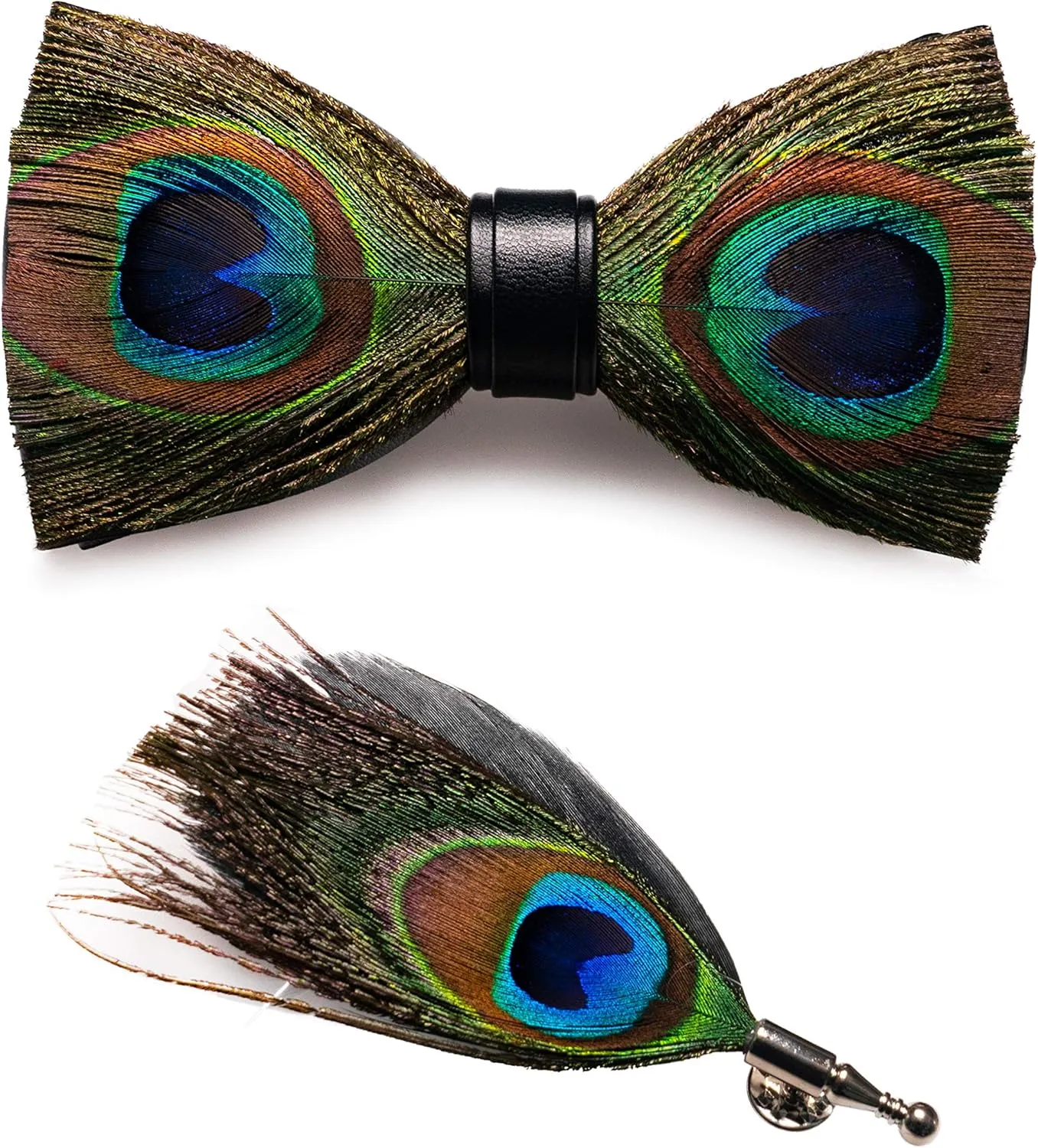 RBOCOTT Handmade Feather Pre-tied Bow tie and Brooch Sets for Men