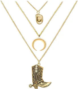 RechicGu Layered Boho Western Cowgirl Necklace For Women Bull Head Moon Crescent Cowboy Boot Charm Pendant Western Necklace Jewelry For Country Concert Outfits