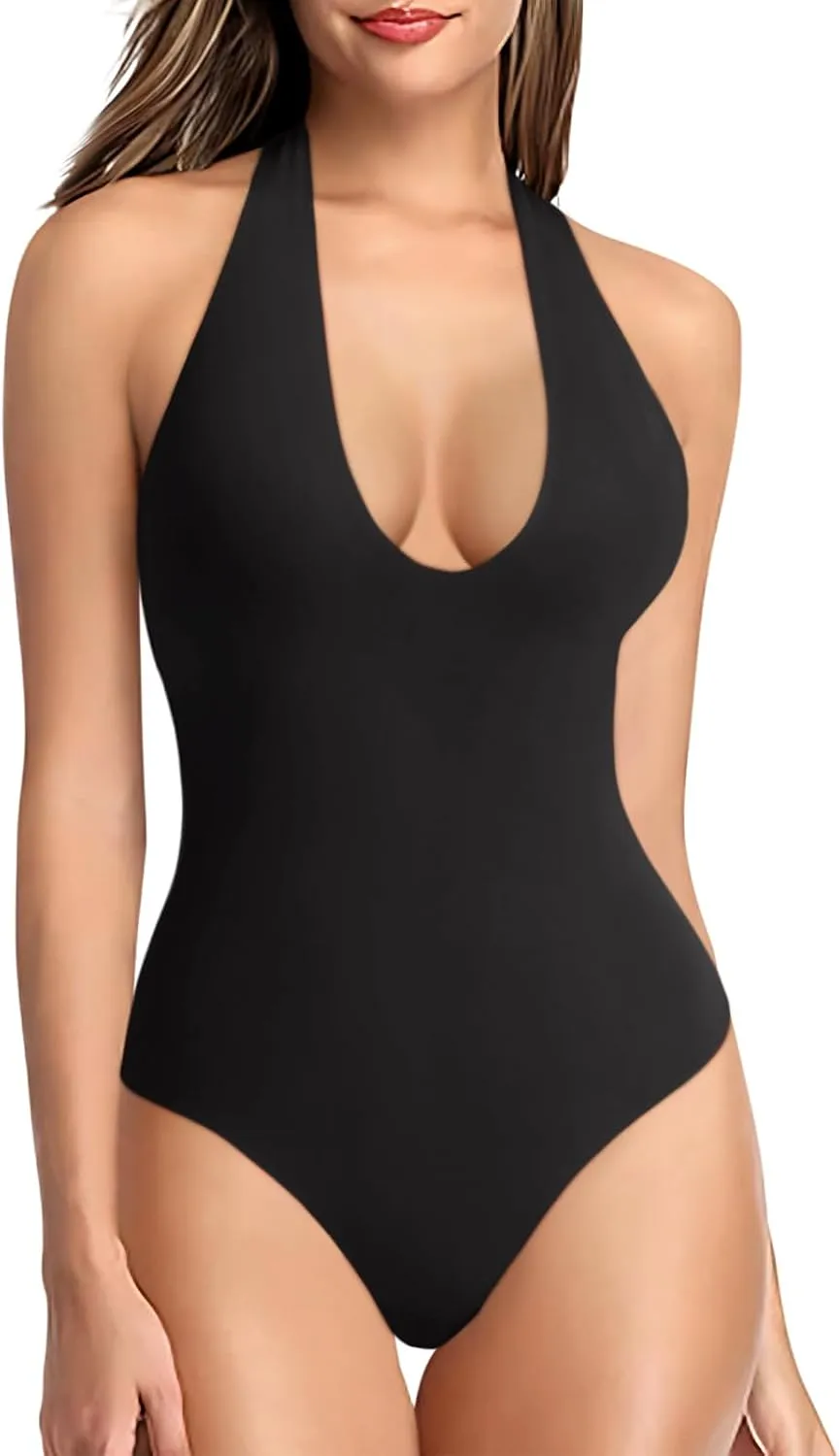 REORIA Bodysuits for Women Halter Tops 2025 Summer V Neck Backless Body Suits Tank Top Trendy Fashion Clothing