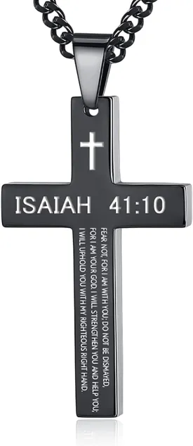 REVEMCN Inspirational Bible Verse Cross Necklace for Men Boys, Stainless Steel Plain Black Silver Cross Pendant Necklace for Men 20-24 Inches Curb Chain Faith Jewelry Gift