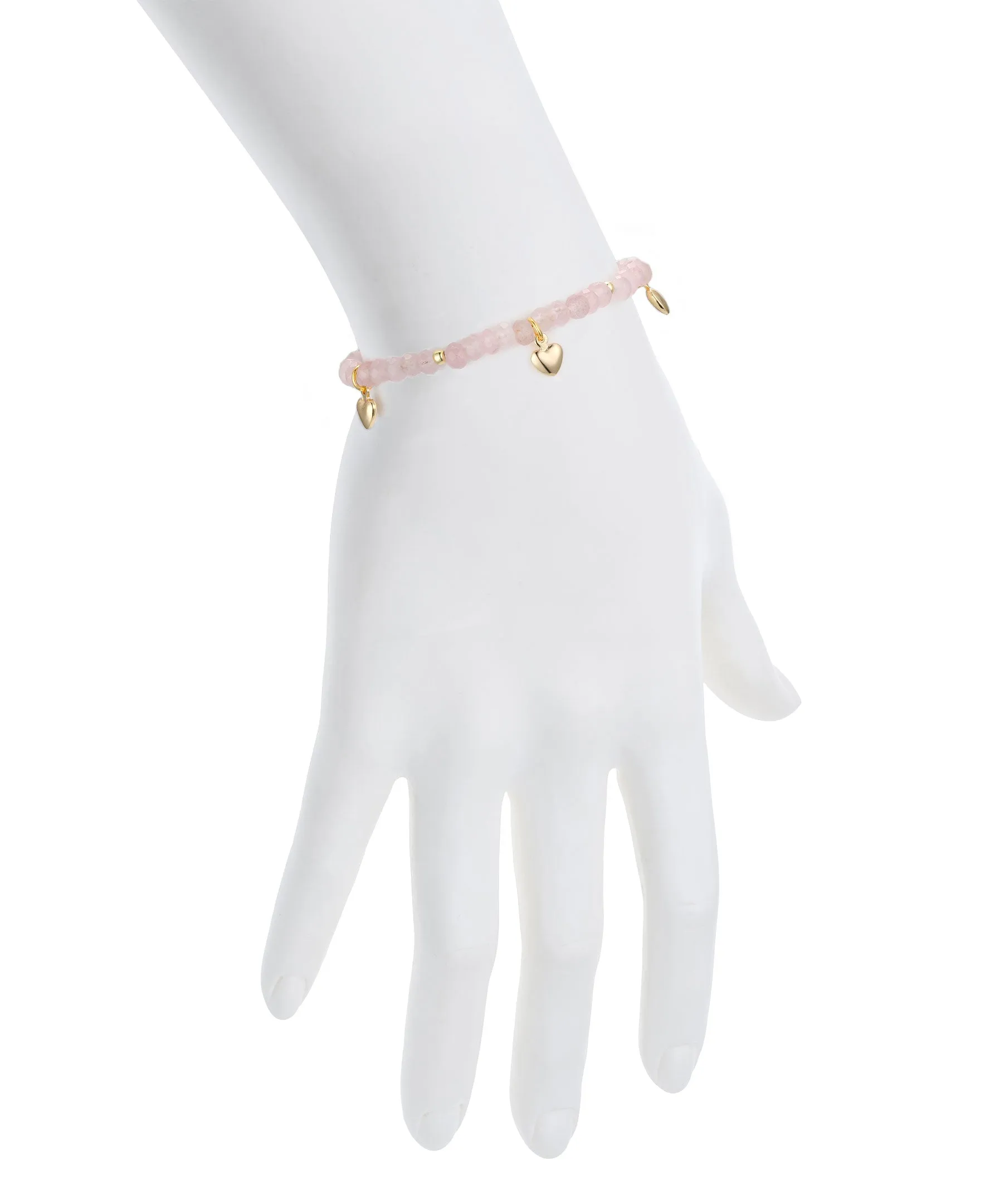Rose Quartz Bead Bracelet with Heart Charms (Baby)