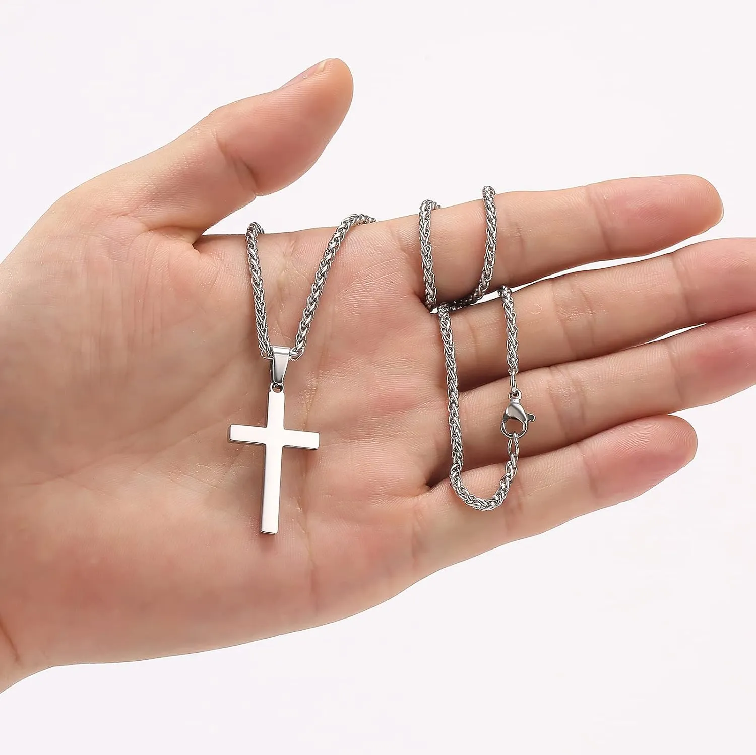 RS Cross Necklace for Men Boys Women 16-24 Inches Stainless Steel Cross Pendant Chain Religious Gift