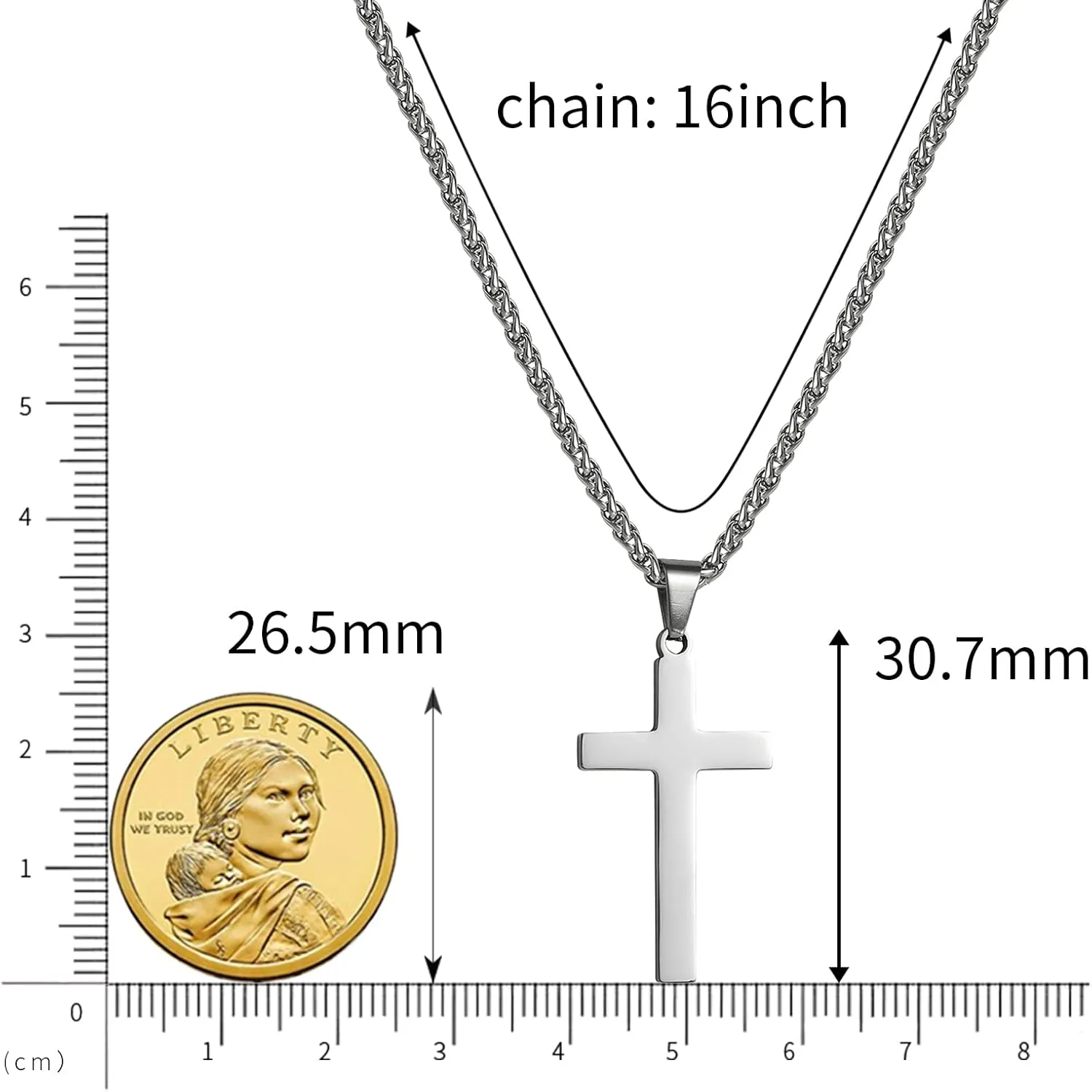 RS Cross Necklace for Men Boys Women 16-24 Inches Stainless Steel Cross Pendant Chain Religious Gift
