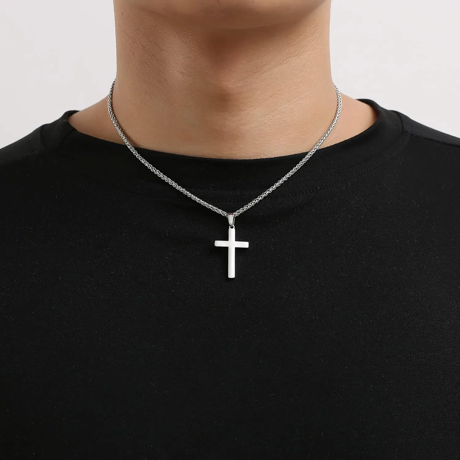 RS Cross Necklace for Men Boys Women 16-24 Inches Stainless Steel Cross Pendant Chain Religious Gift
