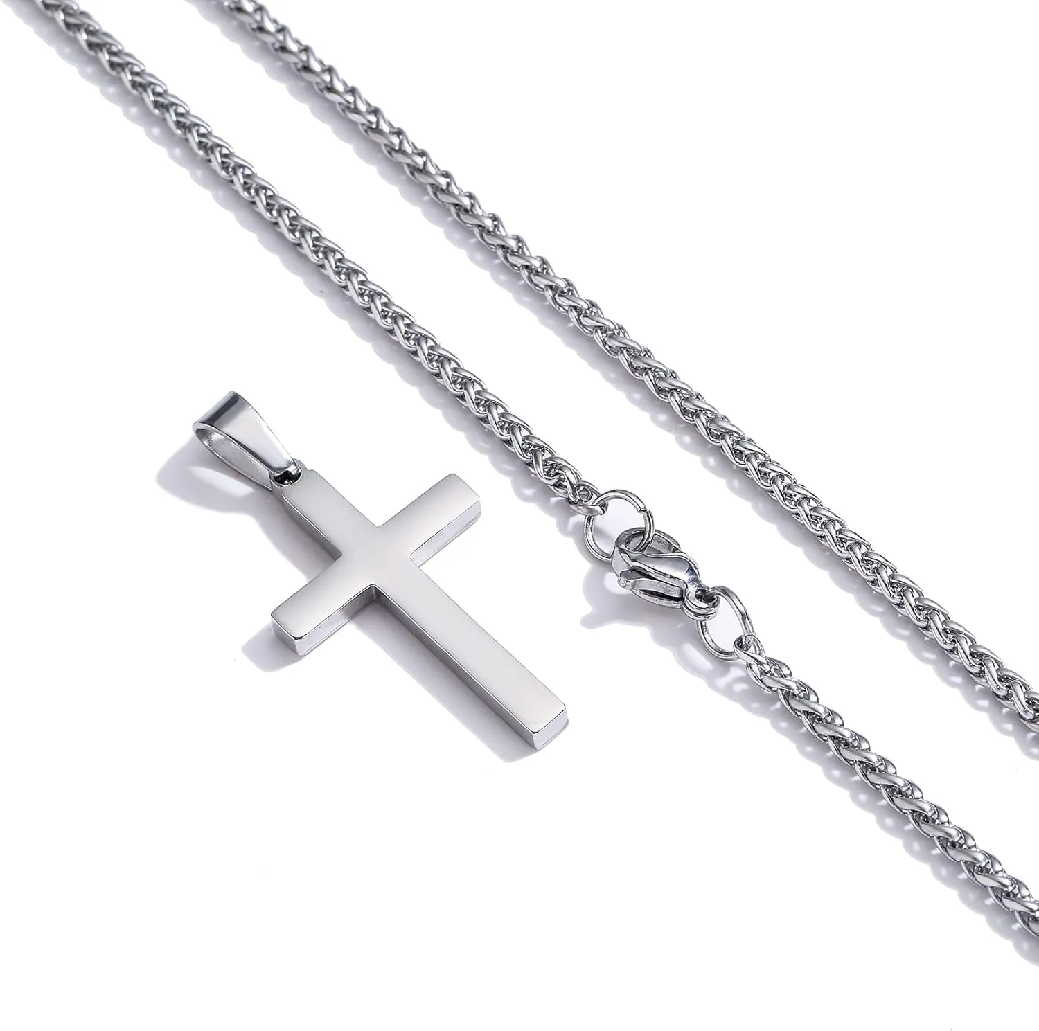 RS Cross Necklace for Men Boys Women 16-24 Inches Stainless Steel Cross Pendant Chain Religious Gift