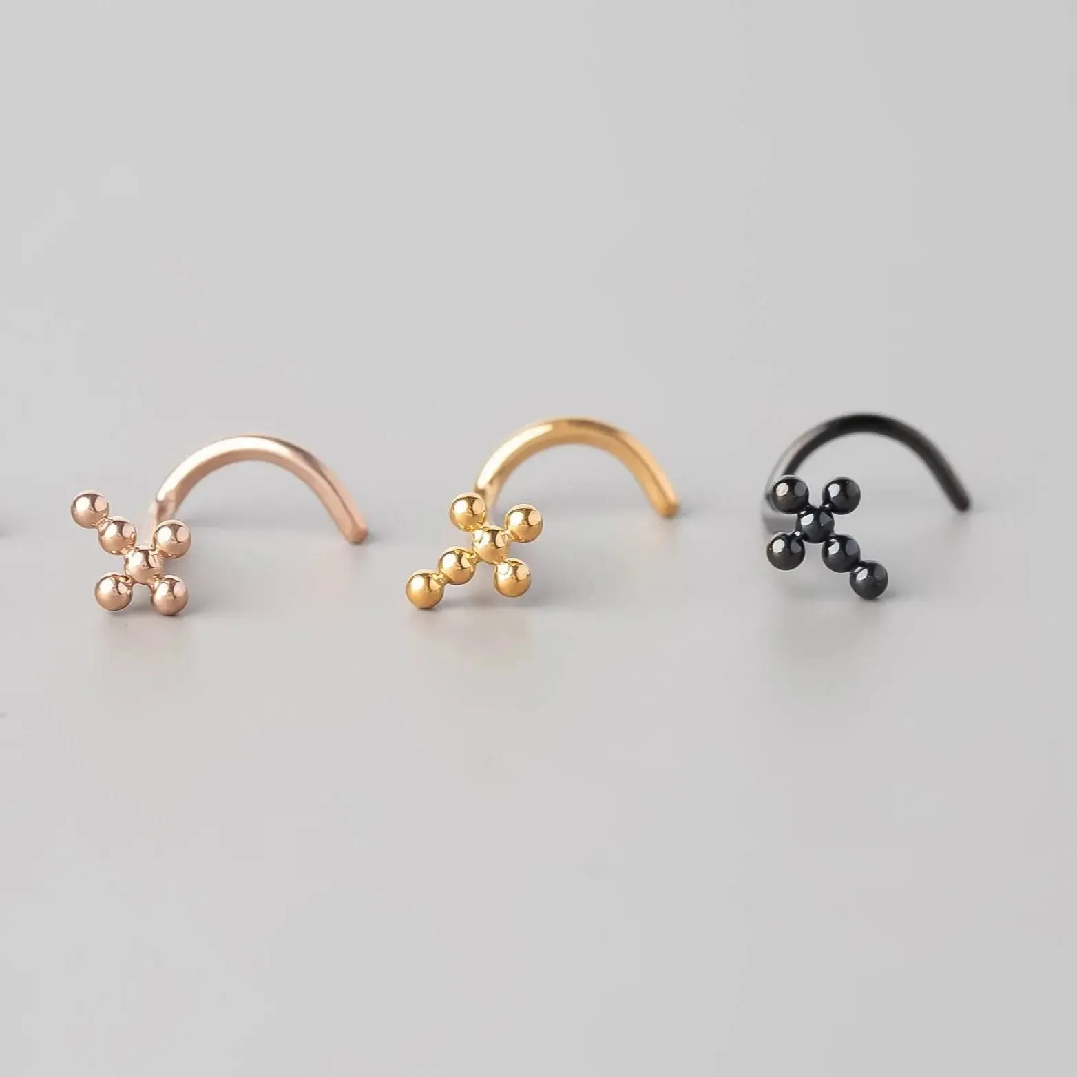 Screw Shape Ball Weld Cross Top Nose Stud in Black - Titanium
