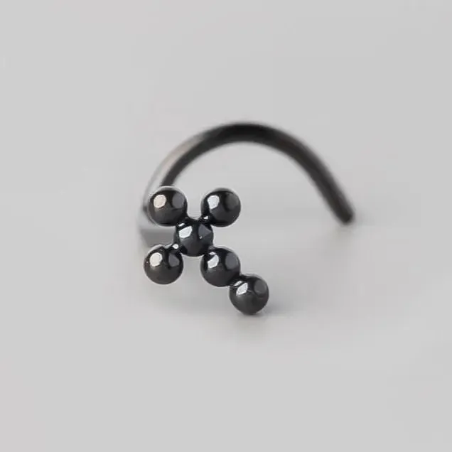 Screw Shape Ball Weld Cross Top Nose Stud in Black - Titanium
