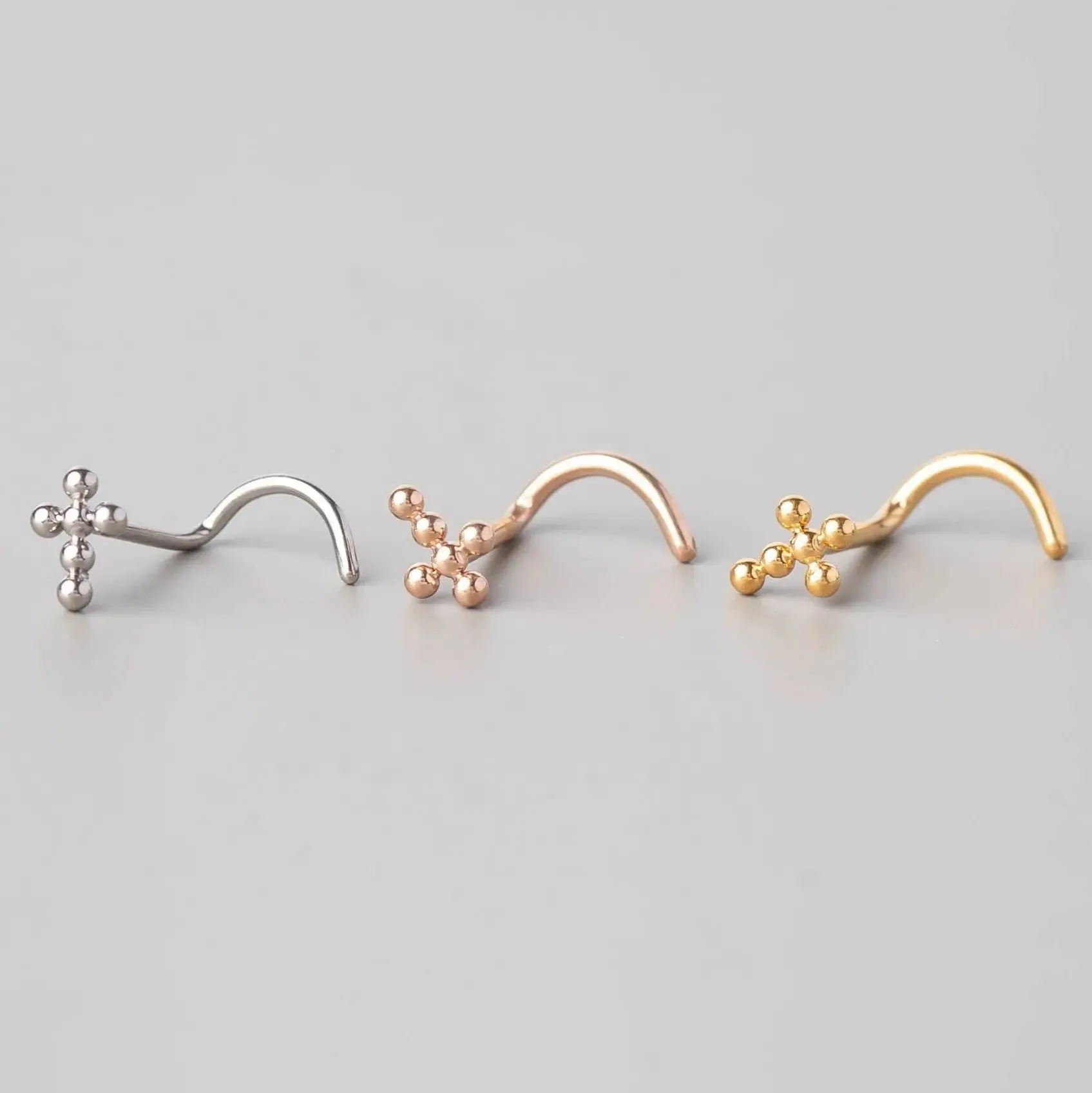 Screw Shape Ball Weld Cross Top Nose Stud in Black - Titanium