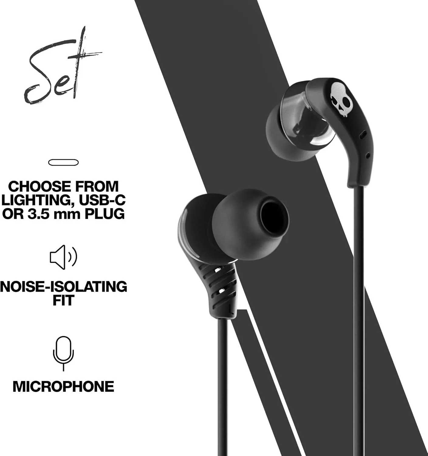 Skullcandy Set USB-C Wired Earbuds with Noise Isolating Fit, Built-In Microphone Call and Track Control for iPhone Android, Ear Gel Sizes Included for Custom Fit - True Black