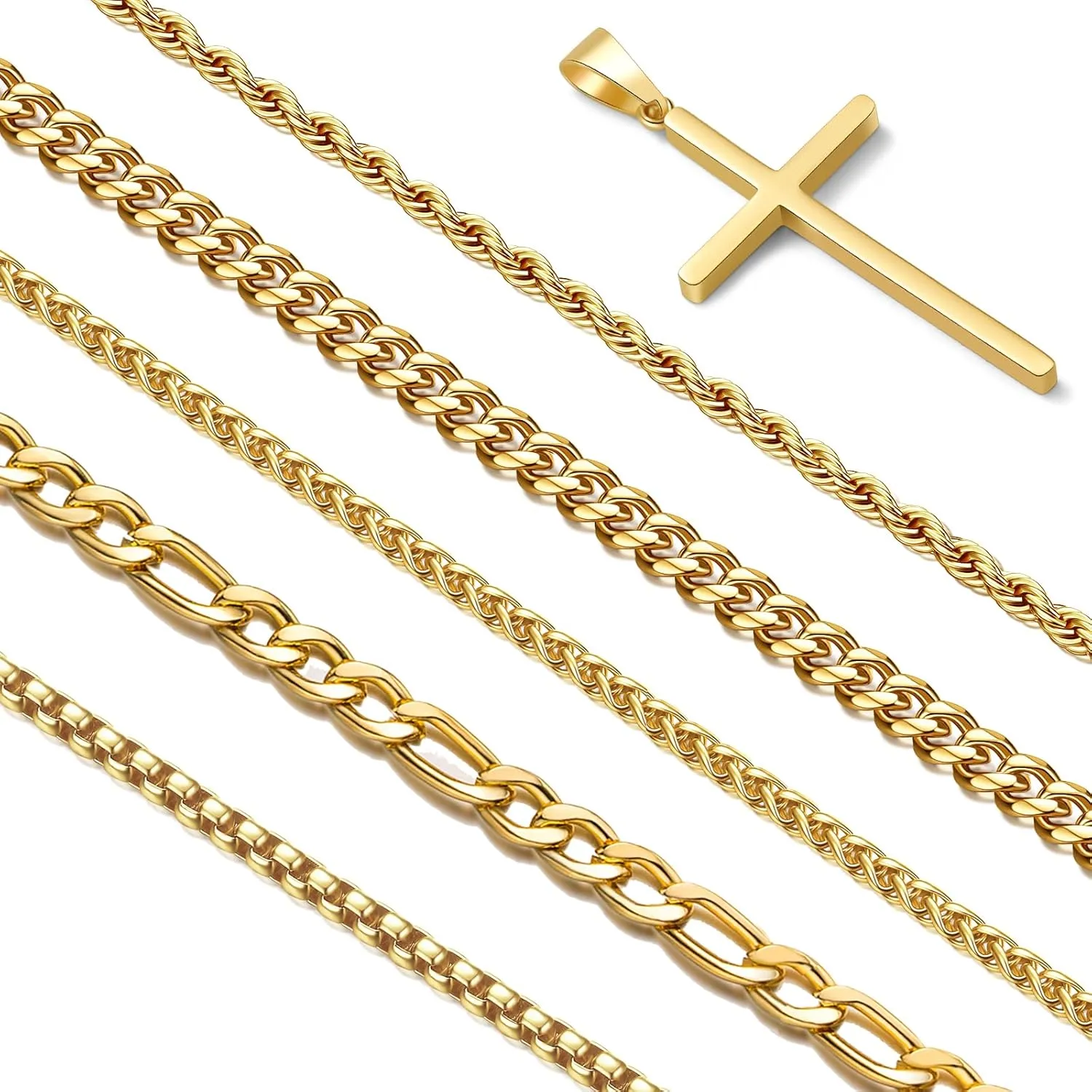 Stackable Gold/Silver Chain for Men, 6/7 Pcs Stainless Steel Cross Chain Mens Necklace Jewelry Set for Men, 5/6 Chains   1 Cross Pendant