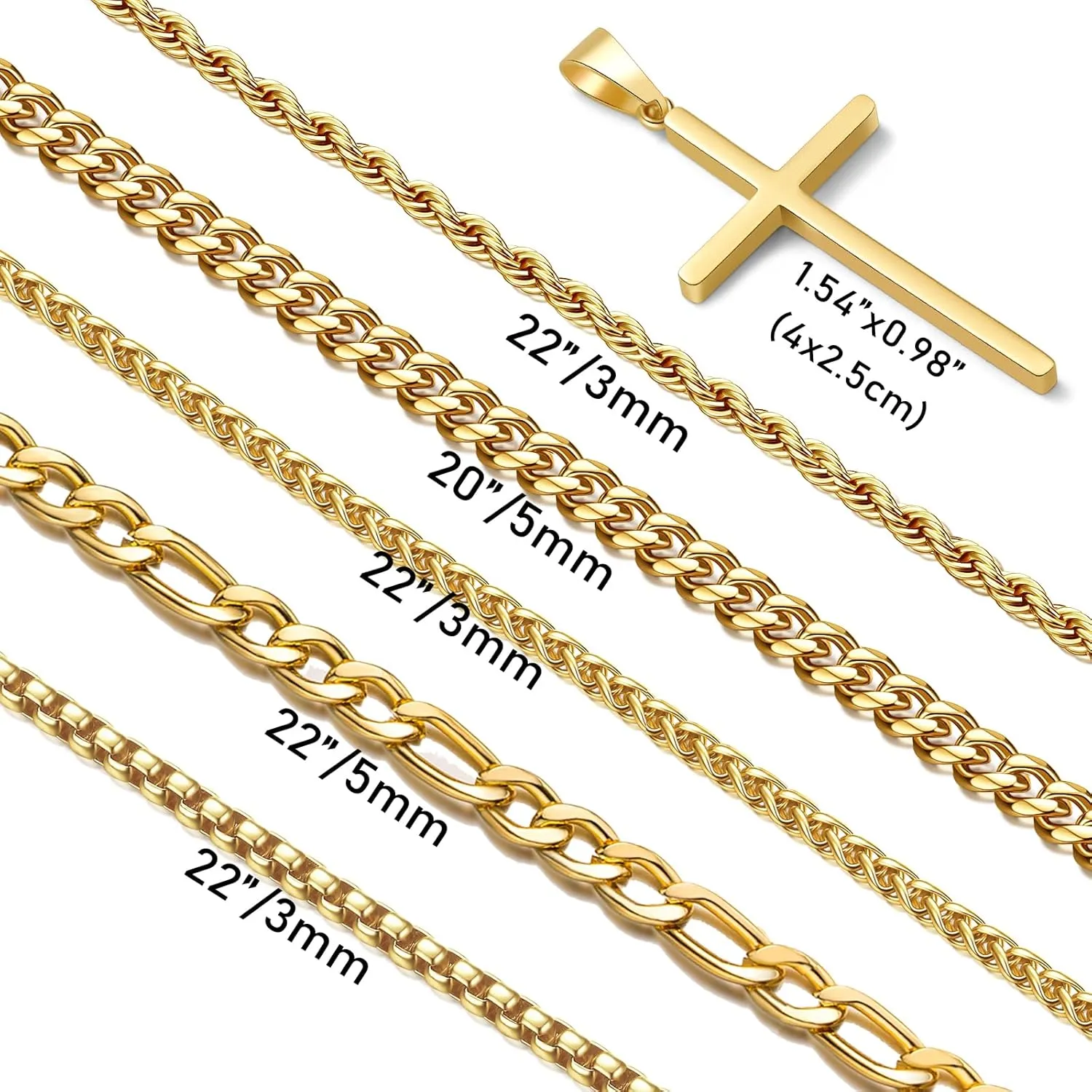 Stackable Gold/Silver Chain for Men, 6/7 Pcs Stainless Steel Cross Chain Mens Necklace Jewelry Set for Men, 5/6 Chains   1 Cross Pendant