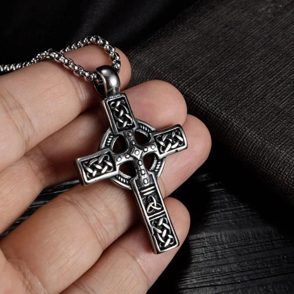 TURTLEDOVE Trinity Celtic Cross Necklace - Stainless Steel Triquetra Knot Irish Pendant - Jesus Crucifix Cross