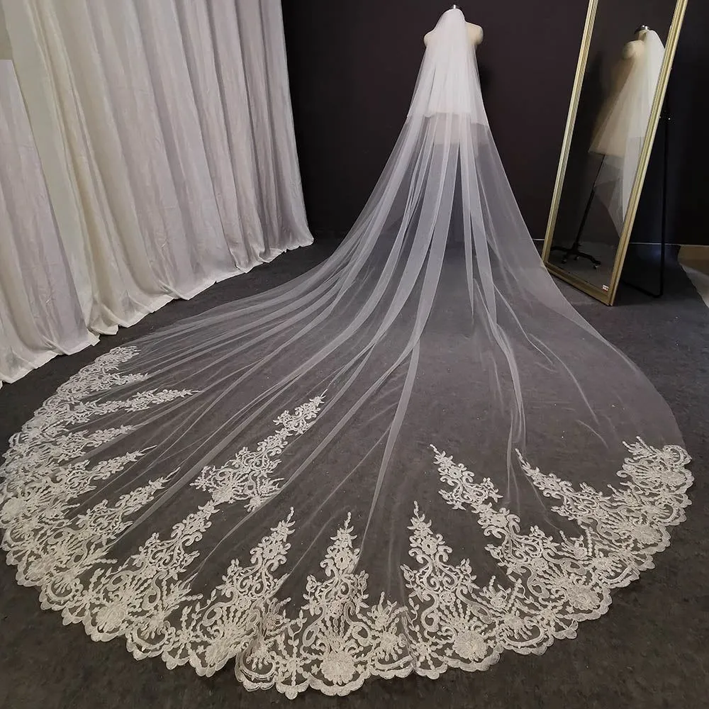 Two Tier Long Lace Wedding Veil Cathedral Length White Ivory Bridal Veil with Comb