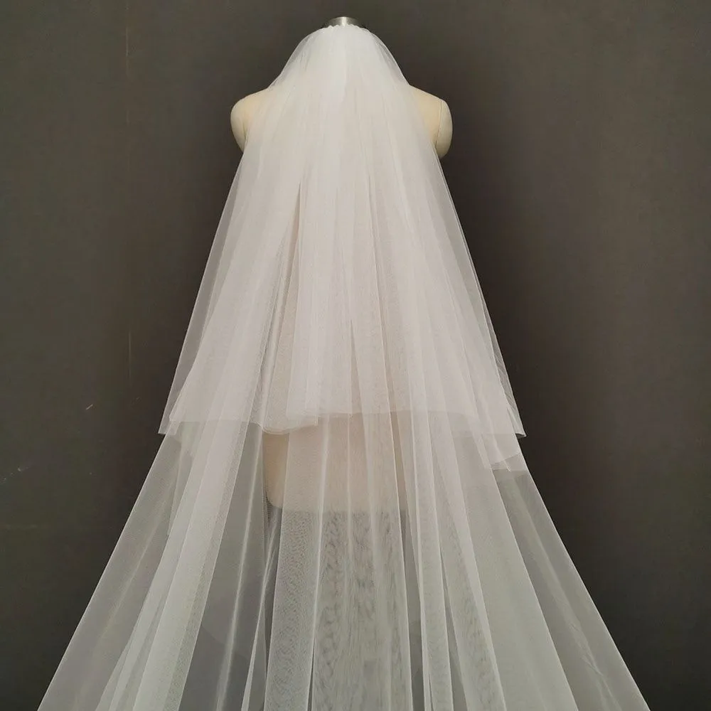Two Tier Long Lace Wedding Veil Cathedral Length White Ivory Bridal Veil with Comb