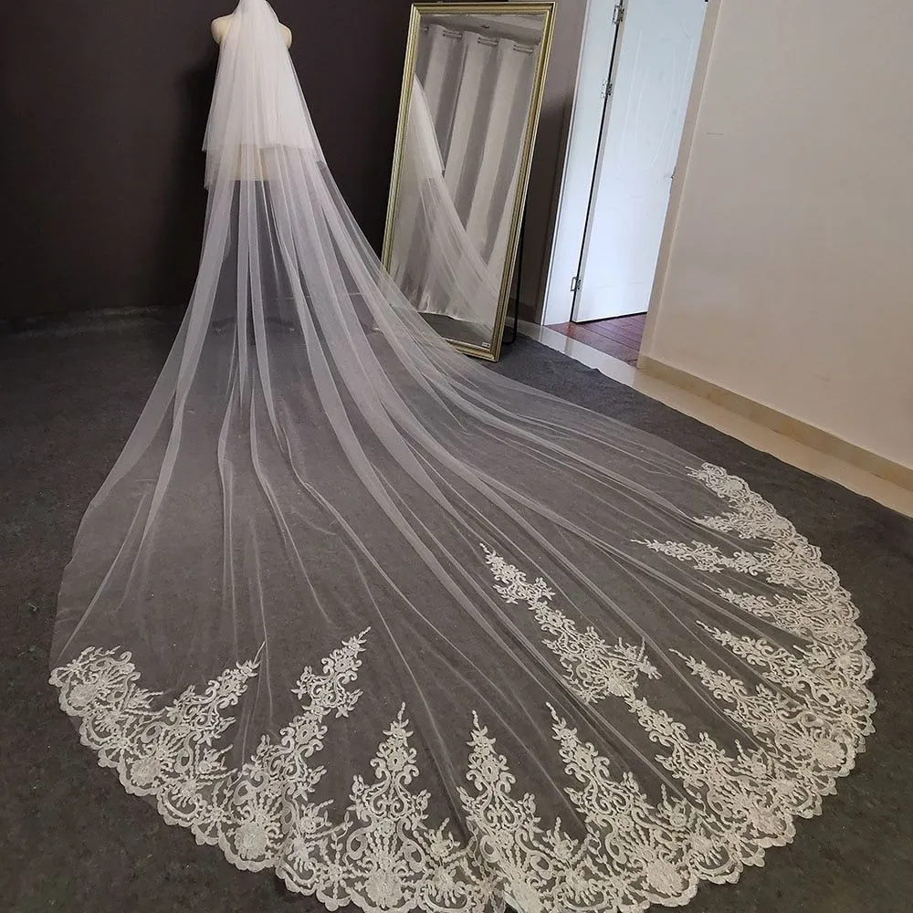 Two Tier Long Lace Wedding Veil Cathedral Length White Ivory Bridal Veil with Comb