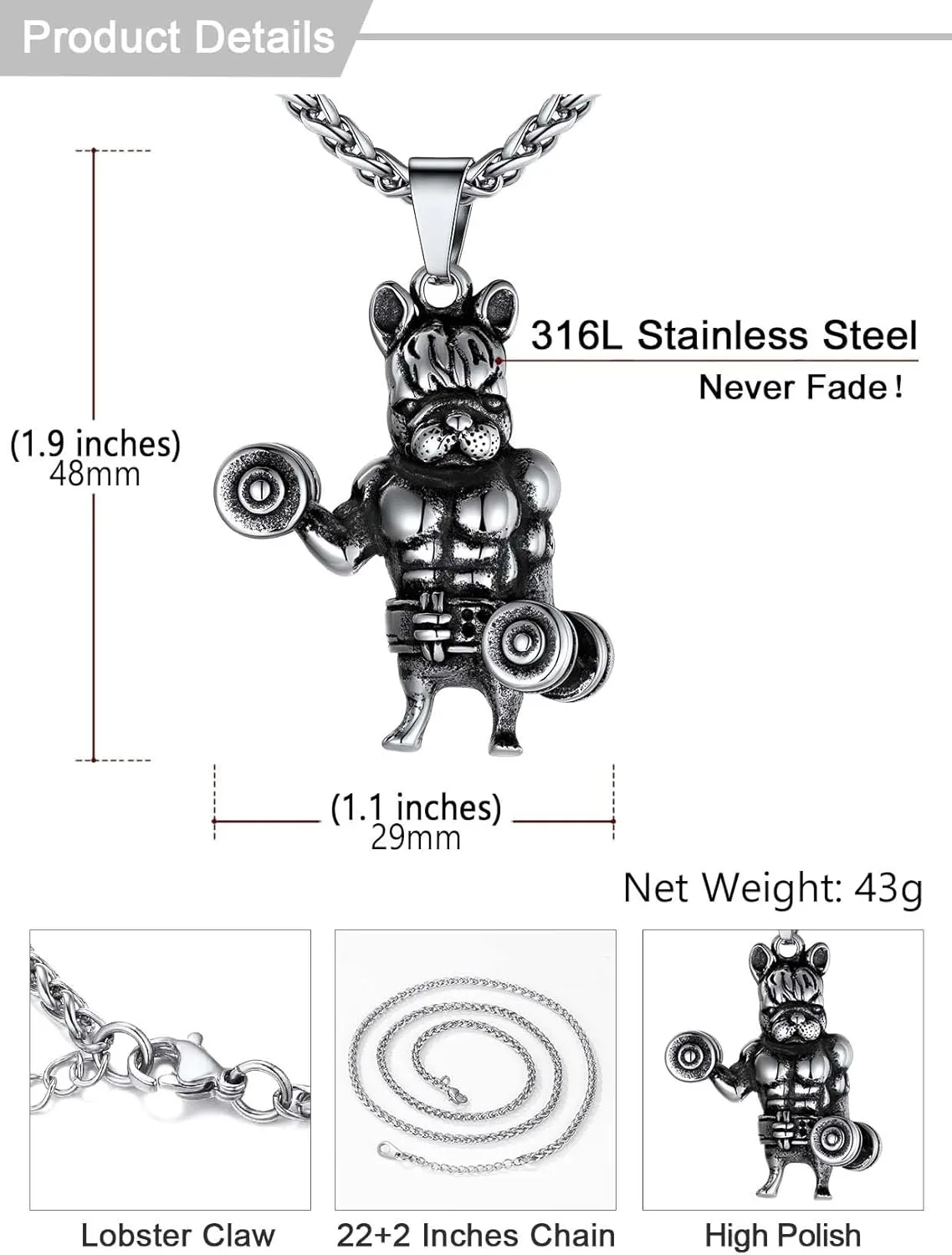 U7 Men Women Fitness Dumbbell Necklace Stainless Steel Weight Plate Barbell Chain Pendant Necklace,Chain 22" 2" Extender, with Gift Box
