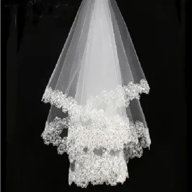 White Lace Edge White Tulle Short Bridal Wedding Veils One Tier Sequined 120cm