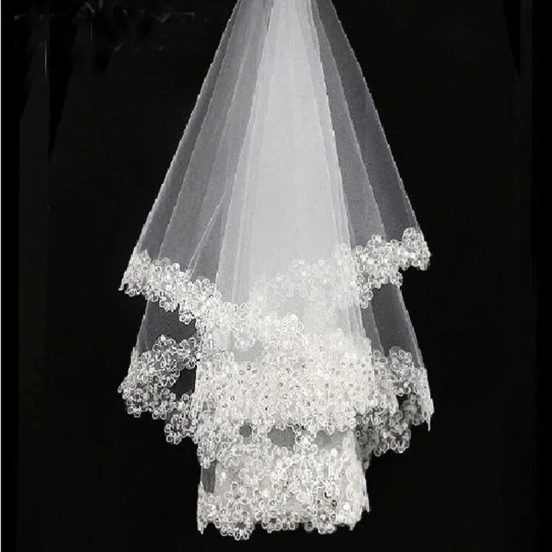 White Lace Edge White Tulle Short Bridal Wedding Veils One Tier Sequined 120cm