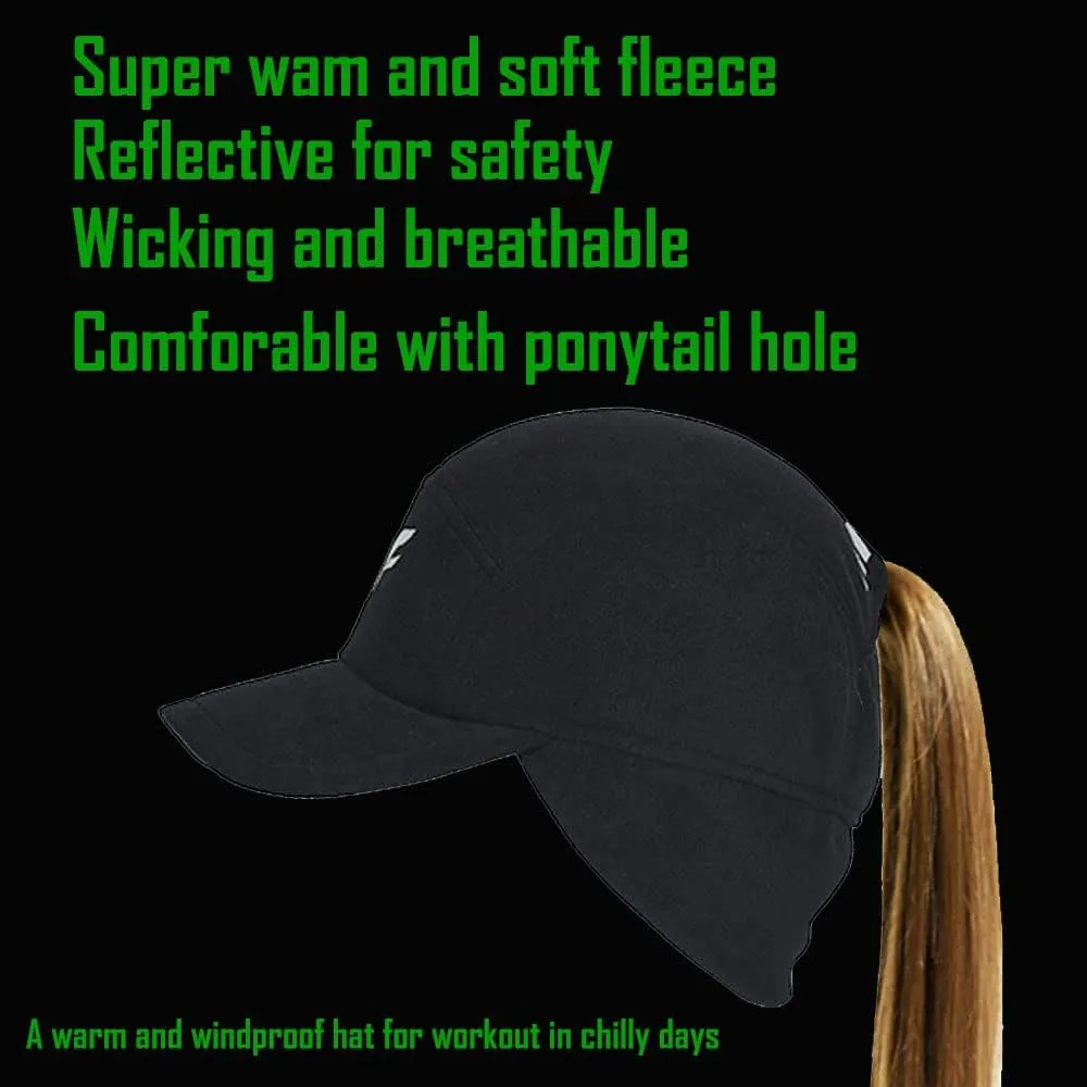 Womens Athletic Winter Hat with Ponytail Hole - Fleece Running Hat for Womens