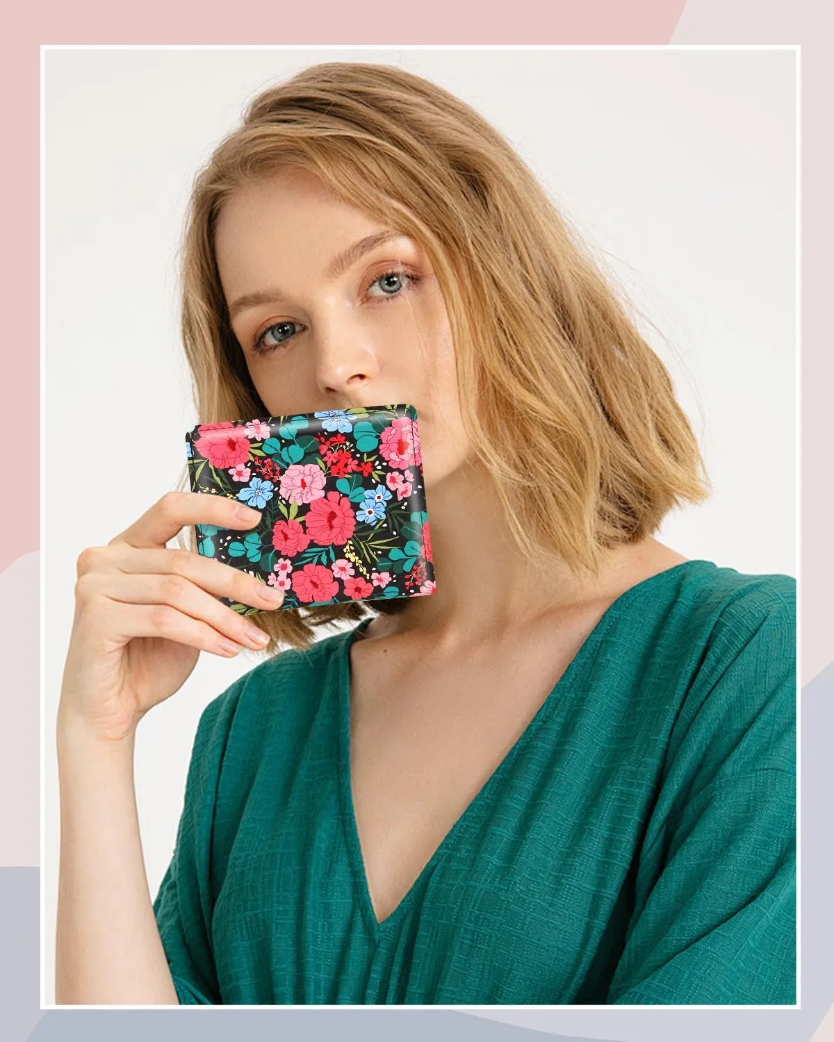 Womens Wallet, RFID Small Card Wallets for Women, Slim Thin Bifold Leather Credit Card Holder Wallet, Cute Compact Wallet Ladies Mini Purse with Zipper Coin Pocket & ID Window(Camellia)