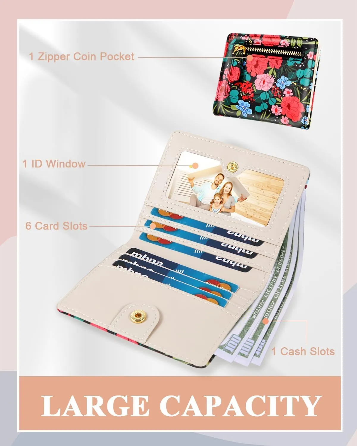 Womens Wallet, RFID Small Card Wallets for Women, Slim Thin Bifold Leather Credit Card Holder Wallet, Cute Compact Wallet Ladies Mini Purse with Zipper Coin Pocket & ID Window(Camellia)